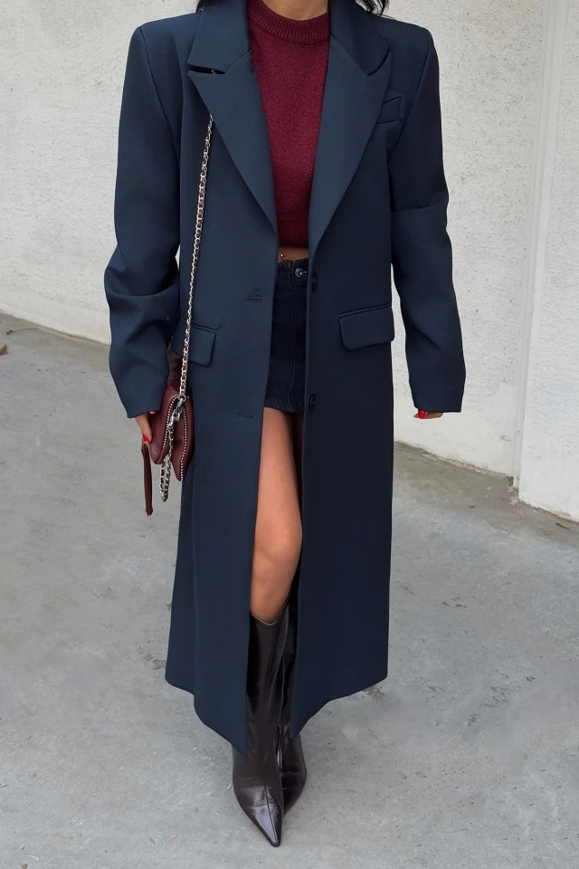 Picture of Navy Blue Button Front Pocket Detail Coat