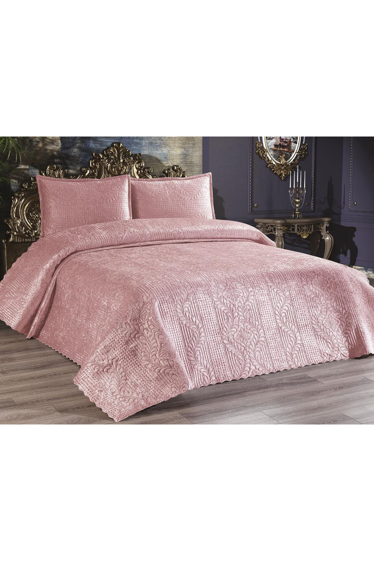 Picture of Velica Çift Kişilik Kadife Yatak Örtüsü Pudra