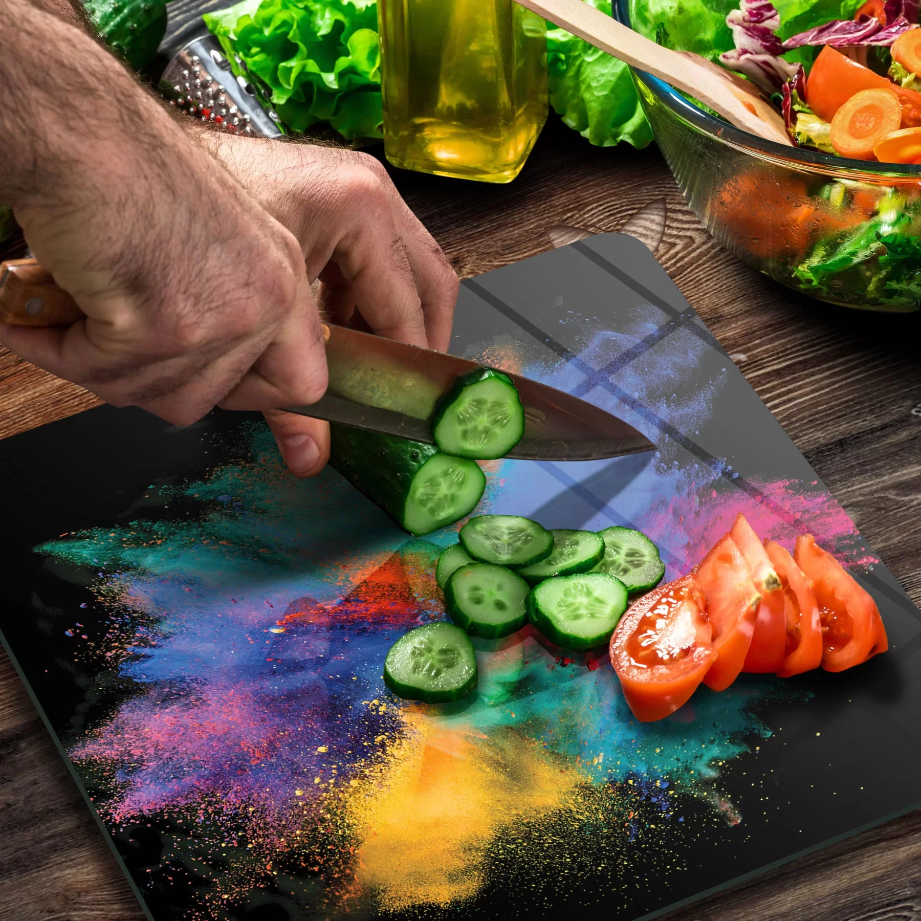 Picture of Decovetro Cam Kesme Tahtası ve Sunumluk Kare Renk Bulutu Desenli 30x30 Cm