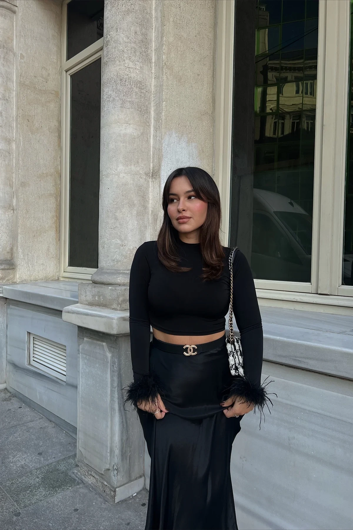 Picture of Black Sleeves Feather Detail Blouse