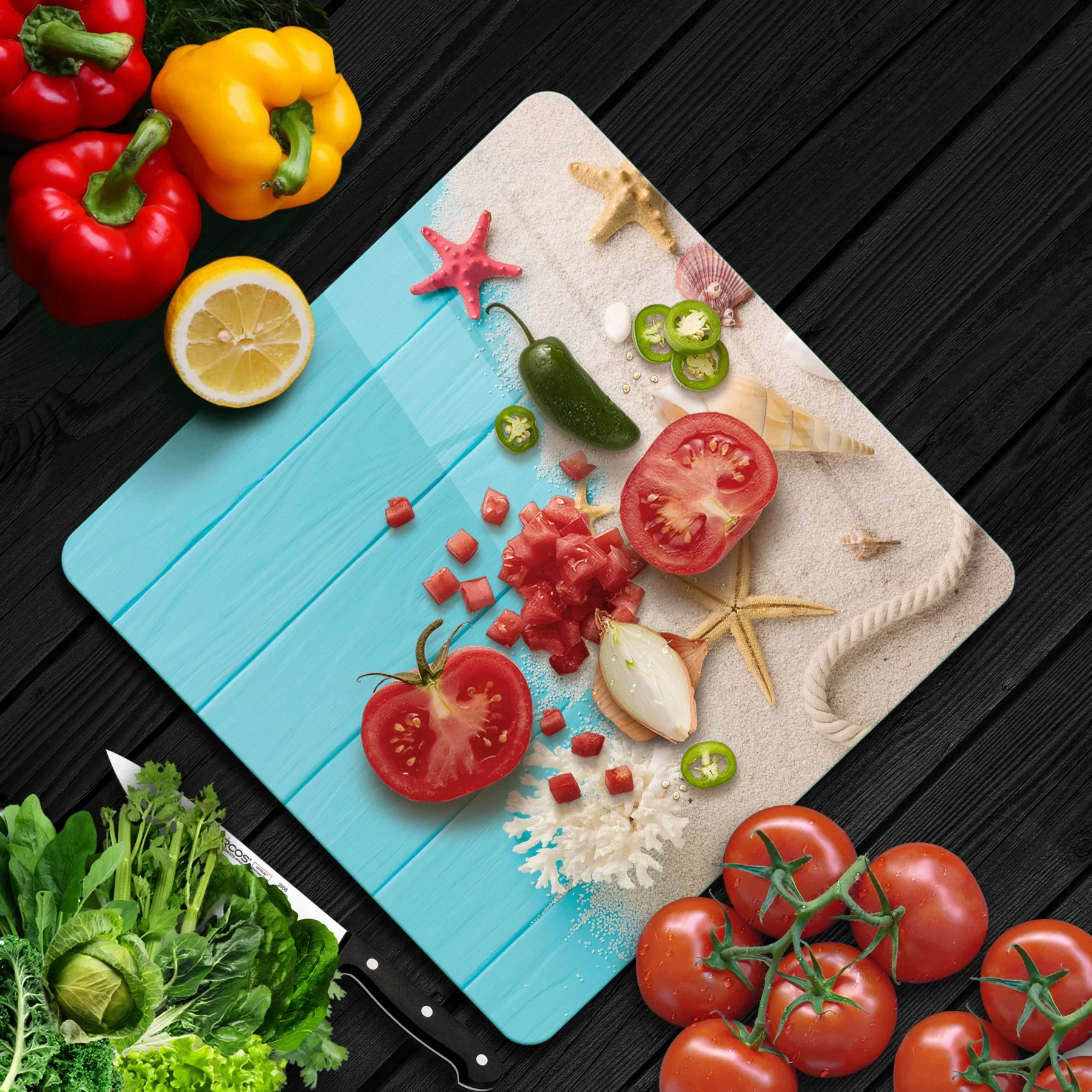 Picture of Decovetro Cam Kesme Tahtası ve Sunumluk Kare Turkuaz Yaz Desenli 30x30 Cm