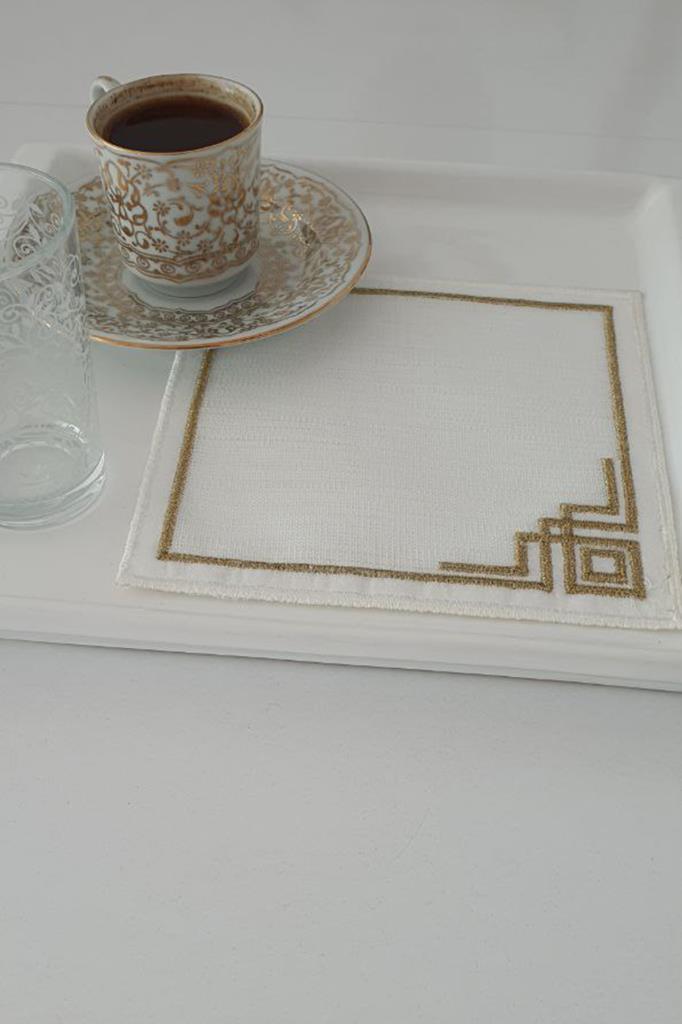 Picture of Köşe Nakışlı Keten Kare Bardak Altlığı Seti 6 Lı Kahve