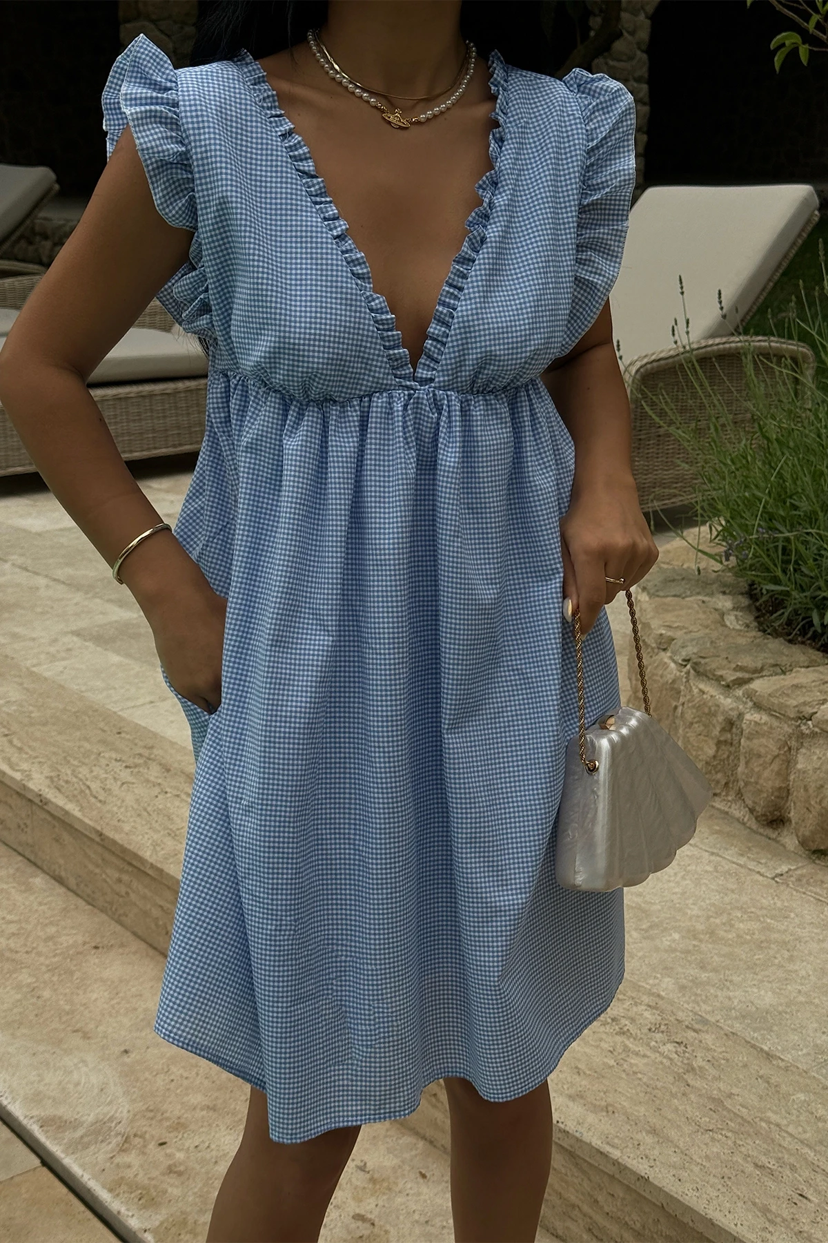 Picture of Blue Gingham Patterned Ruffle Mini Dress