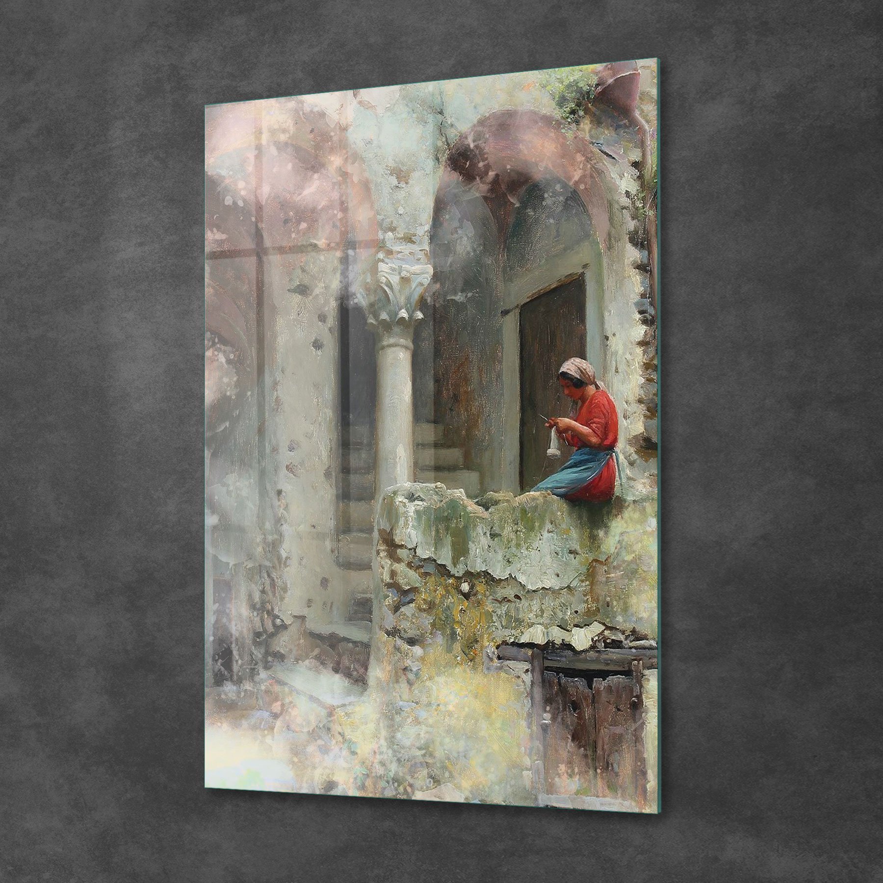 Picture of Decovetro Cam Tablo Yağlı Boya Örgücü Kız 70x100 cm