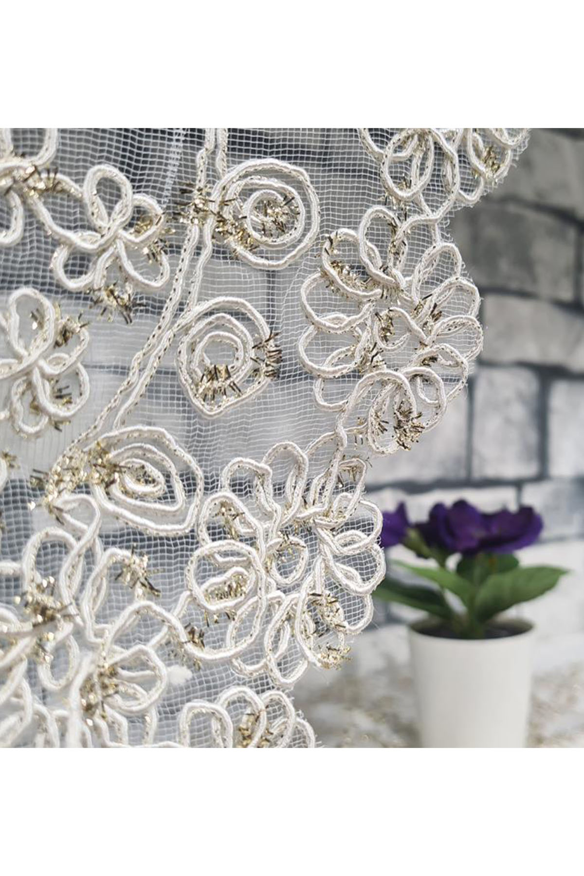 Picture of Çiçek Kordonlu 5 Parça Salon Takımı Krem - Gold