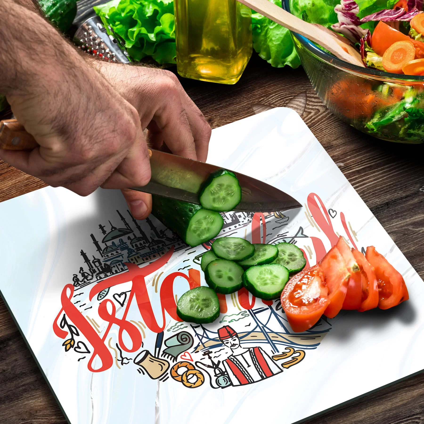 Picture of Decovetro Cam Kesme Tahtası ve Sunumluk Kare İstanbul Kolaj Desenli 30x30 Cm