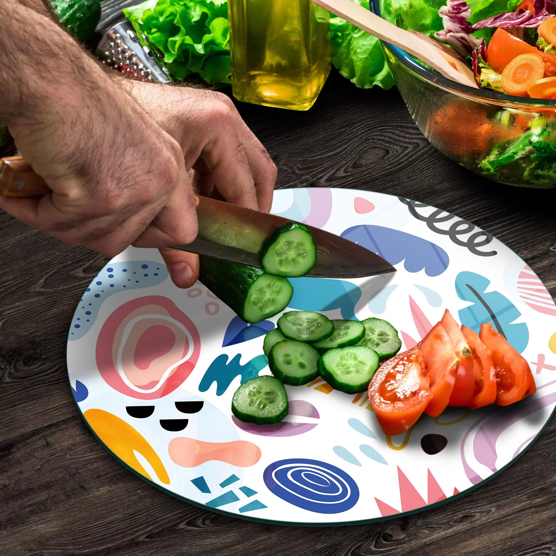 Picture of Decovetro Cam Kesme Tahtası ve Sunumluk Yuvarlak Karışık Desenli 30x30 Cm