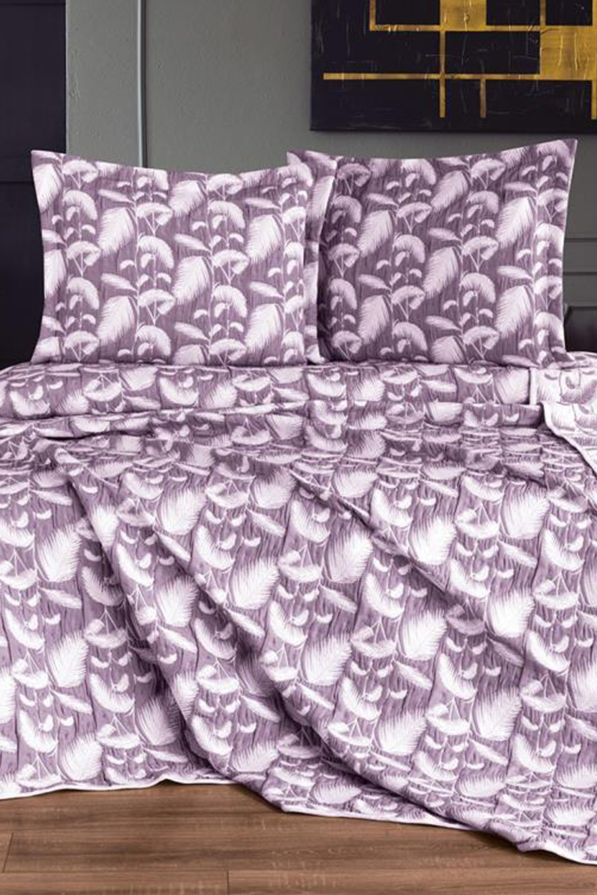 Picture of Çeyiz Diyarı Çift Kişilik Palmiye Çift Taraflı Yatak Örtüsü Takımı Mürdüm