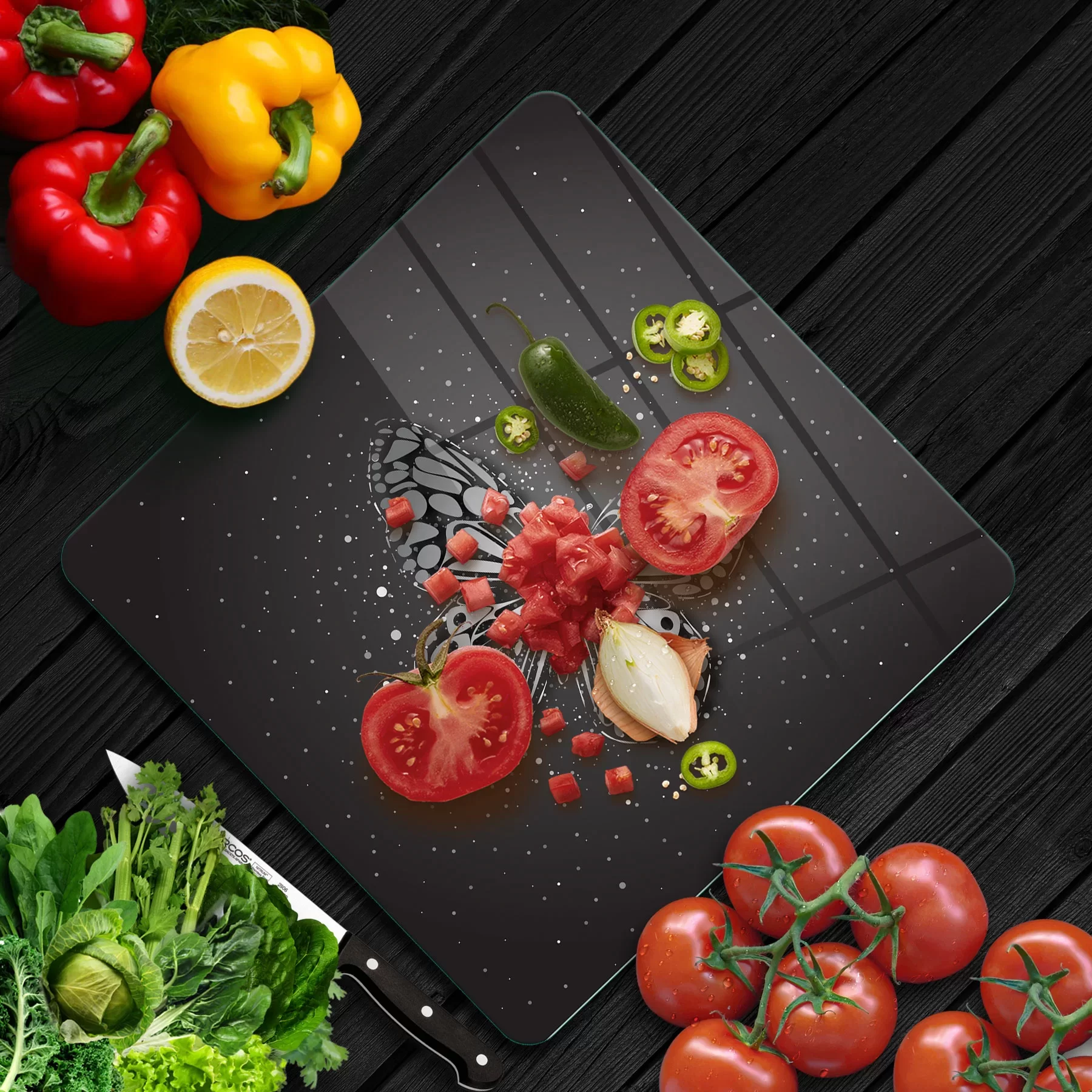 Picture of Decovetro Cam Kesme Tahtası ve Sunumluk Kare Black Kelebek Desenli 30x30 Cm