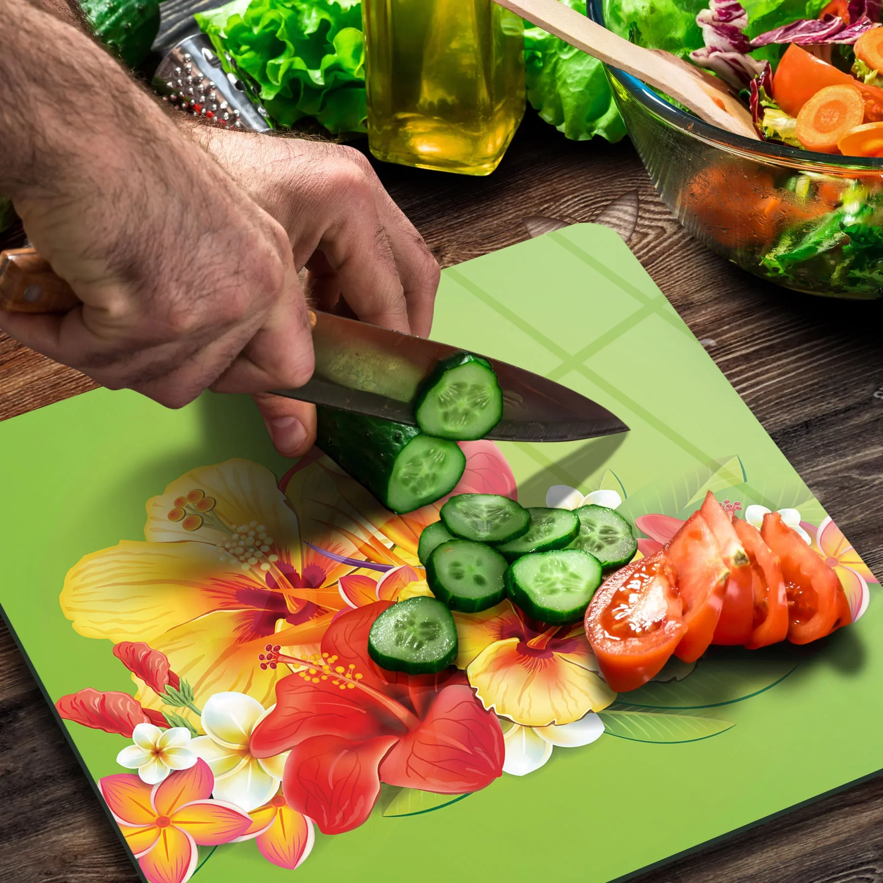 Picture of Decovetro Cam Kesme Tahtası ve Sunumluk Kare Renkli Çiçek Desenli 30x30 Cm