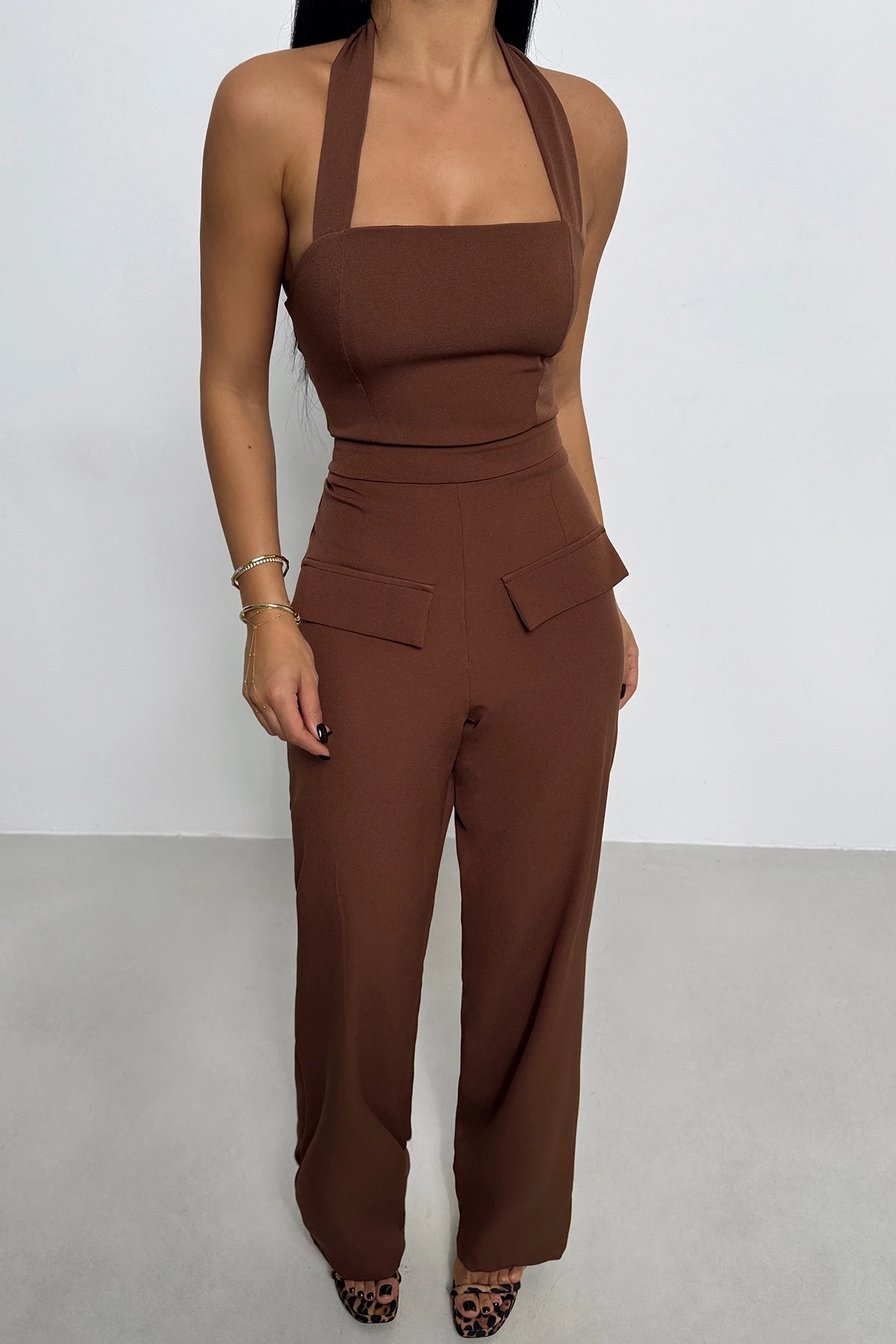 Picture of Brown Pocket Detail Trousers Suit