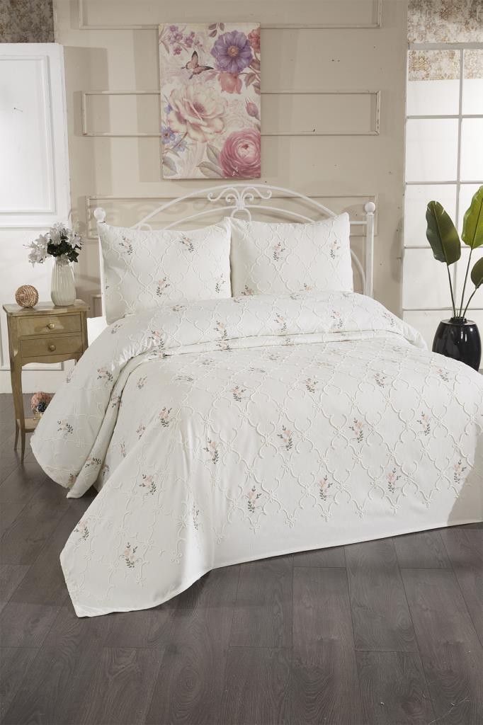 Picture of Pinkrose Nakışlı Şönil 3 Parça Çift Kişilik Yatak Örtüsü Krem