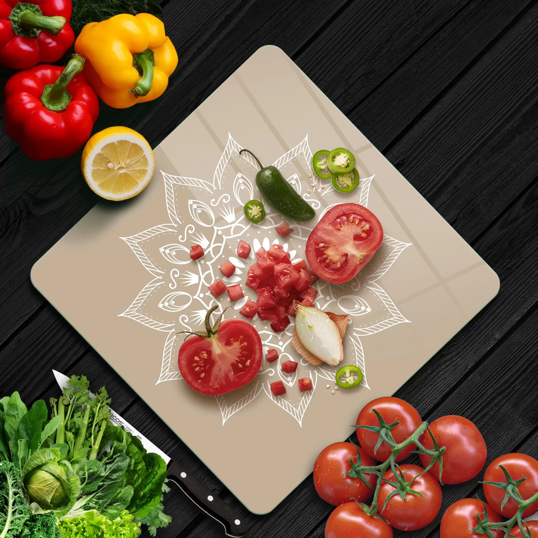 Picture of Decovetro Cam Kesme Tahtası ve Sunumluk Kare Mandala 4 Desenli 30x30 Cm