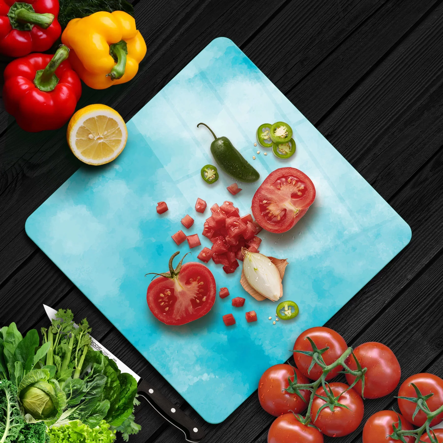 Picture of Decovetro Cam Kesme Tahtası ve Sunumluk Kare Mavi Bulut Desenli 30x30 Cm