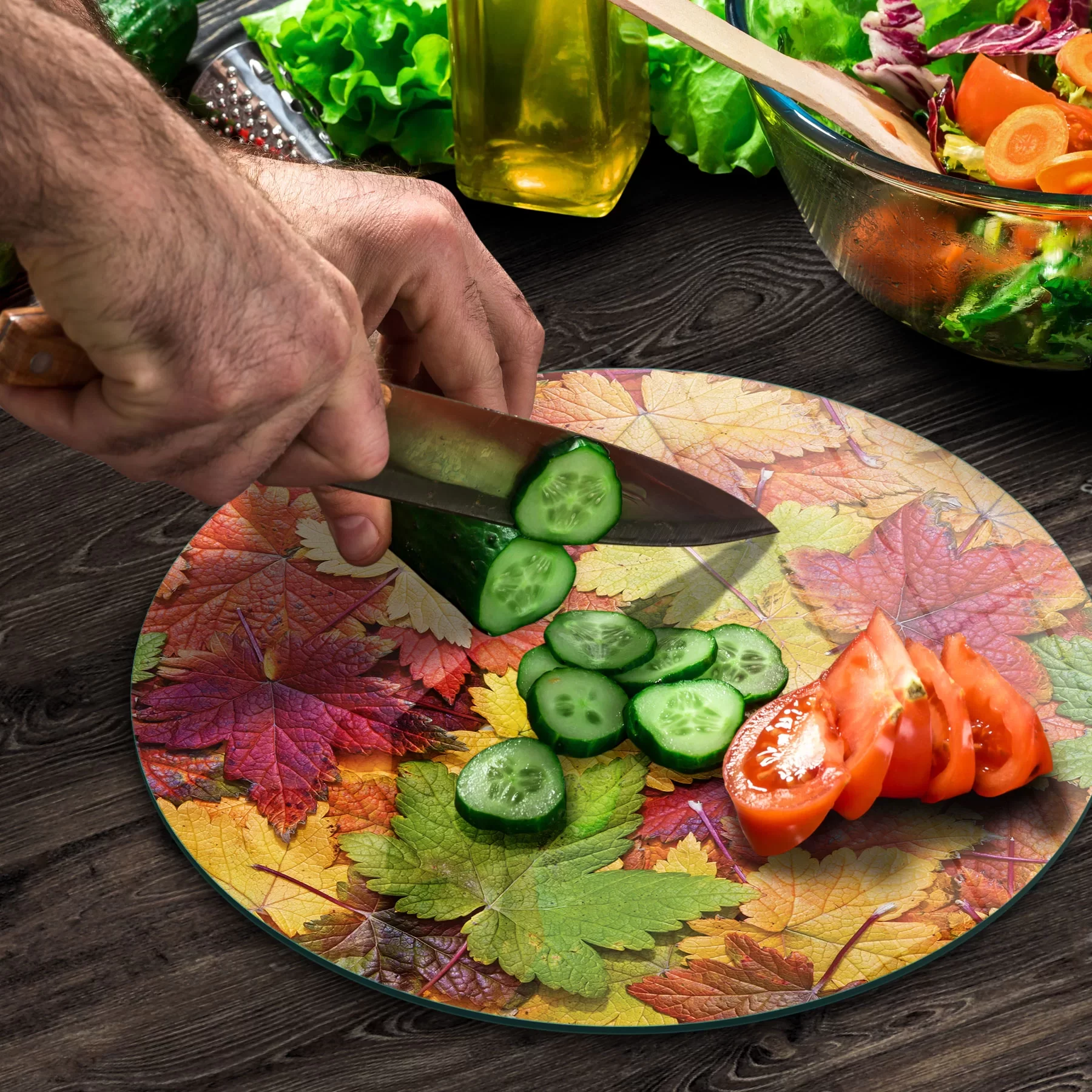 Picture of Decovetro Cam Kesme Tahtası ve Sunumluk Yuvarlak Sonbahar Yaprak Desenli 30x30 Cm