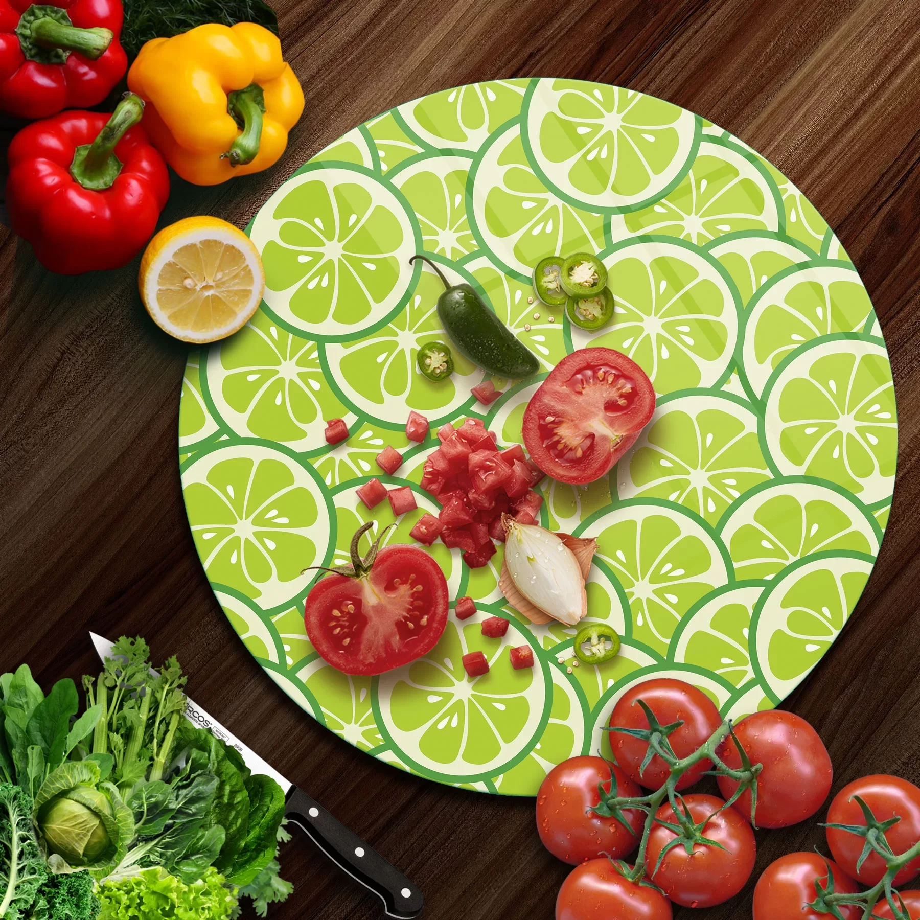 Picture of Decovetro Cam Kesme Tahtası ve Sunumluk Yuvarlak Yeşil Limon Desenli 30x30 Cm