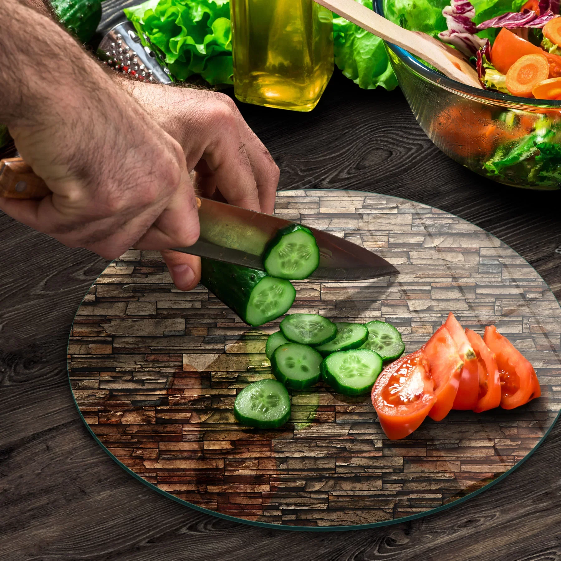 Picture of Decovetro Cam Kesme Tahtası ve Sunumluk Yuvarlak Dekoratif Taş desenli 30x30 Cm