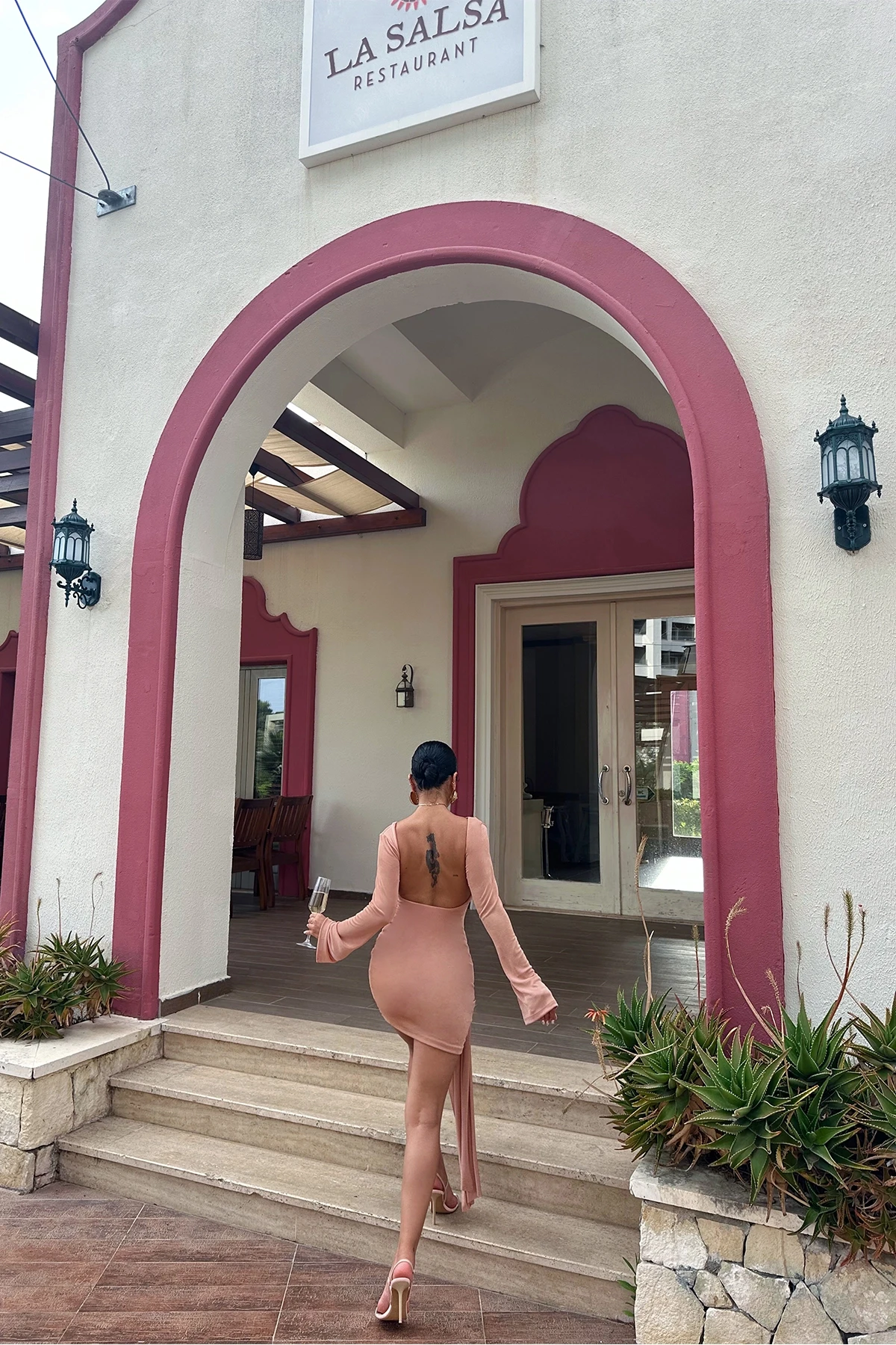 Picture of Beige Front Rose Detail Long Sleeve Dress