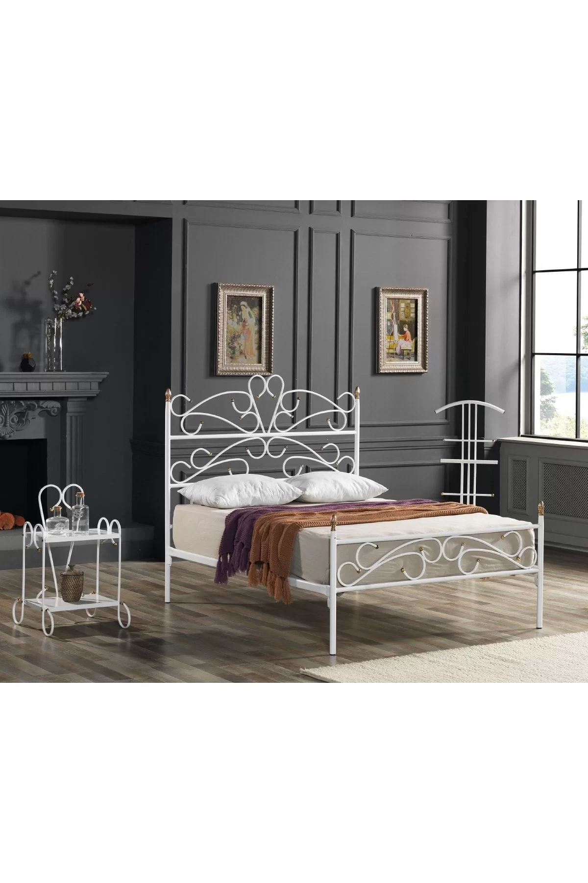 Picture of Bergama Çift Kişilik Başlıklı Yatak Odası Ferforje Metal Karyola 180x200 Ölçülü