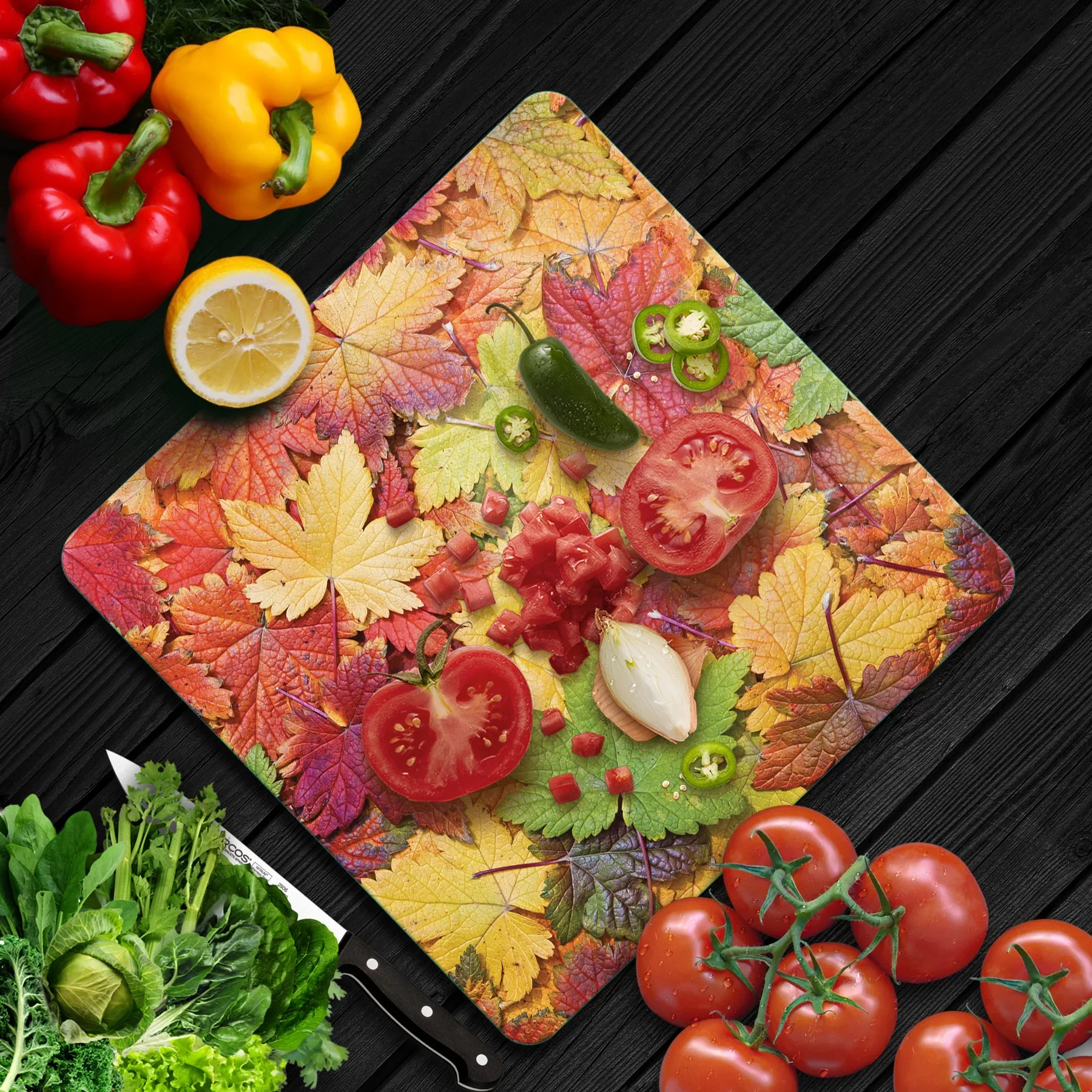 Picture of Decovetro Cam Kesme Tahtası ve Sunumluk Kare Sonbahar Yaprak Desenli 30x30 Cm