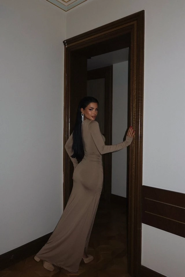 Picture of Beige Olesia Stone Detailed Long Dress