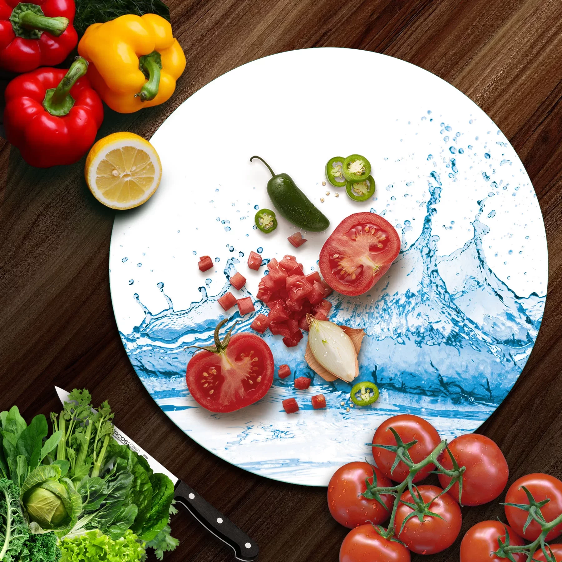 Picture of Decovetro Cam Kesme Tahtası ve Sunumluk Yuvarlak Splash Desenli 30x30 Cm