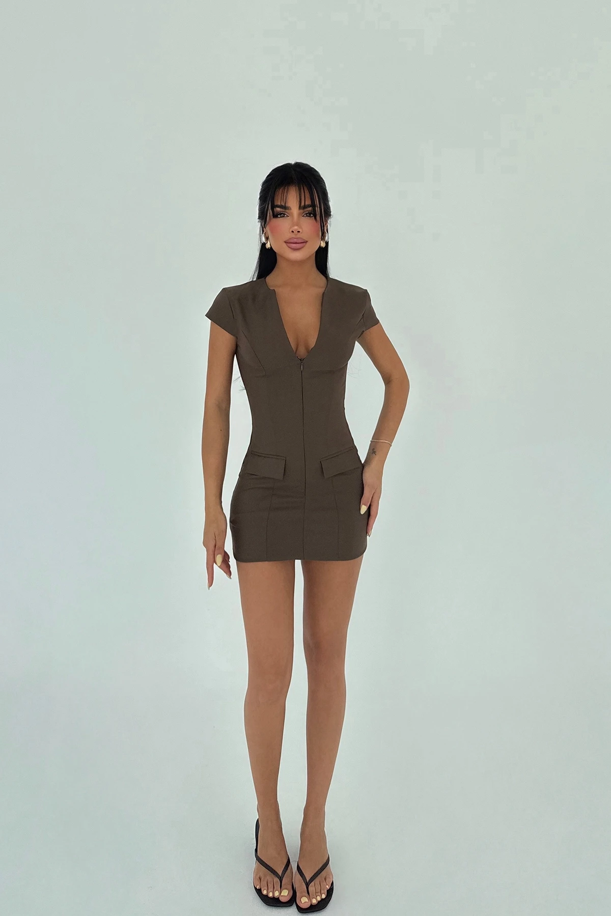 Picture of Brown Pocket Detail Mini Dress