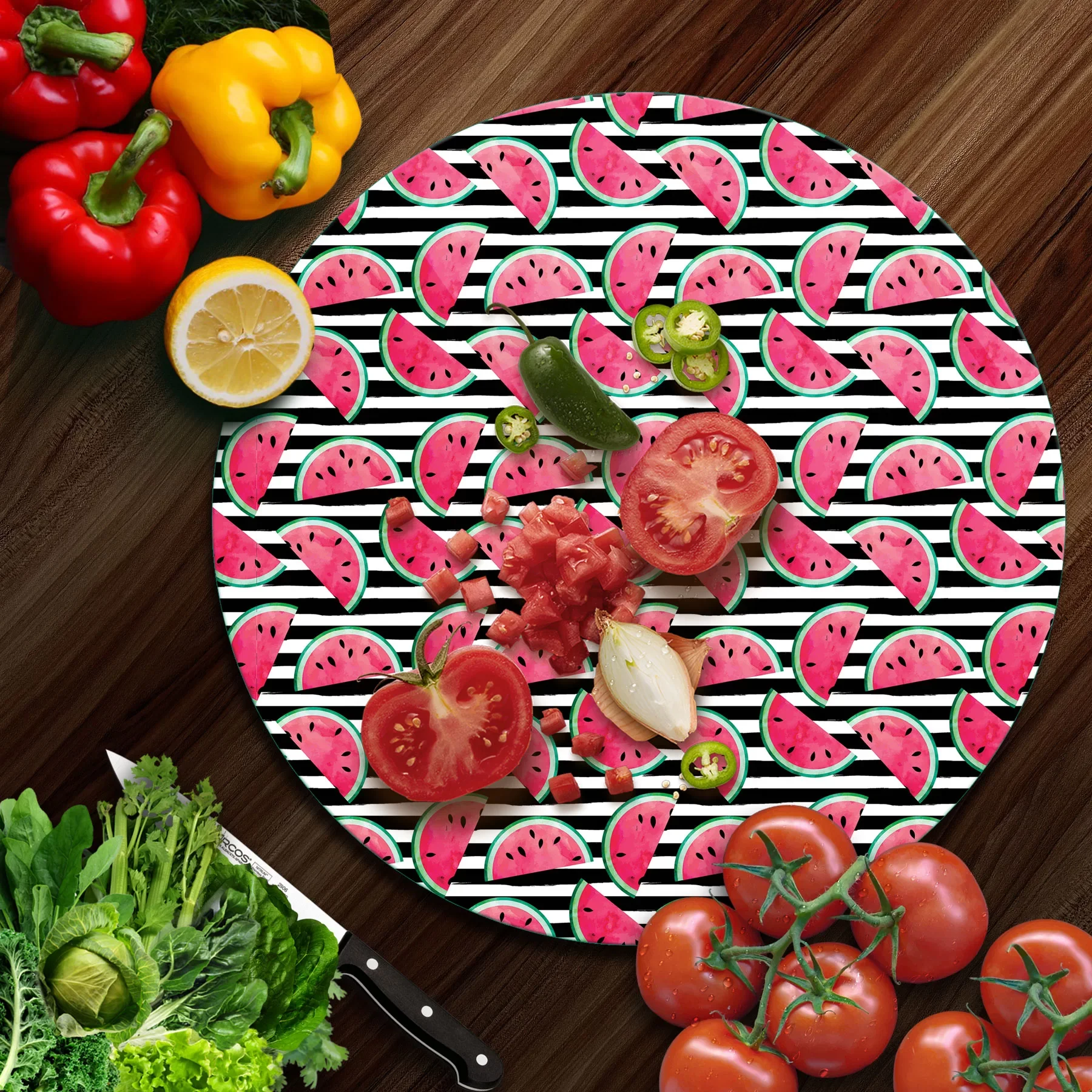 Picture of Decovetro Cam Kesme Tahtası ve Sunumluk Yuvarlak Karpuz Desenli 30x30 Cm