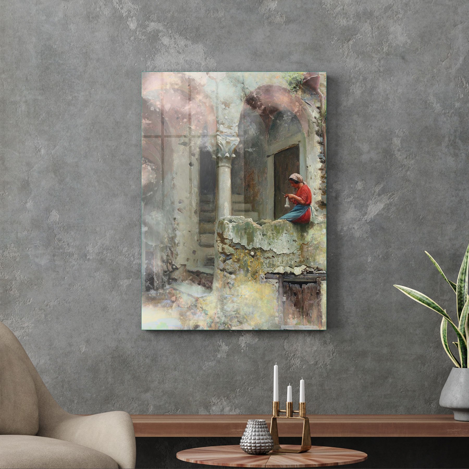 Picture of Decovetro Cam Tablo Yağlı Boya Örgücü Kız 50x70 cm