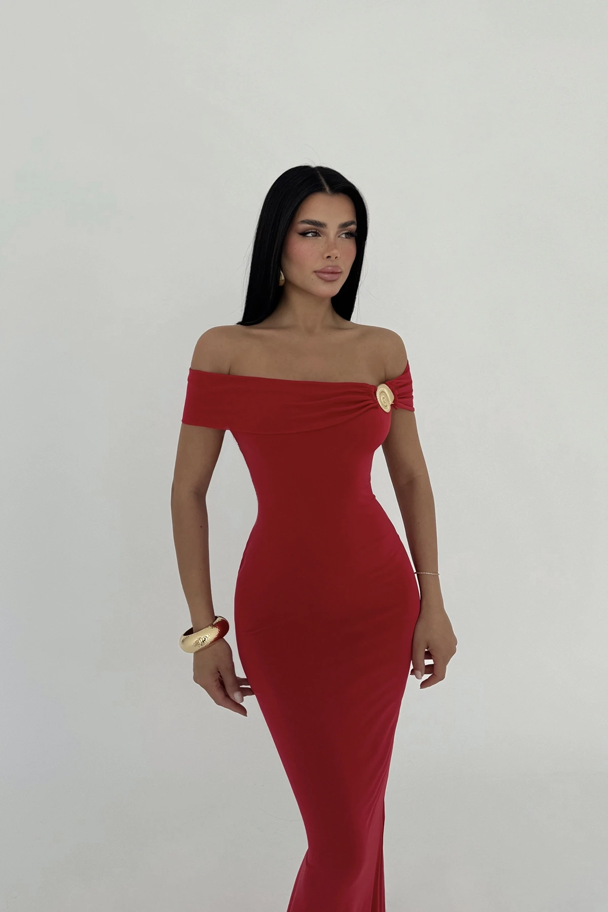 Picture of Red Seridie Seashell Detail Long Dress