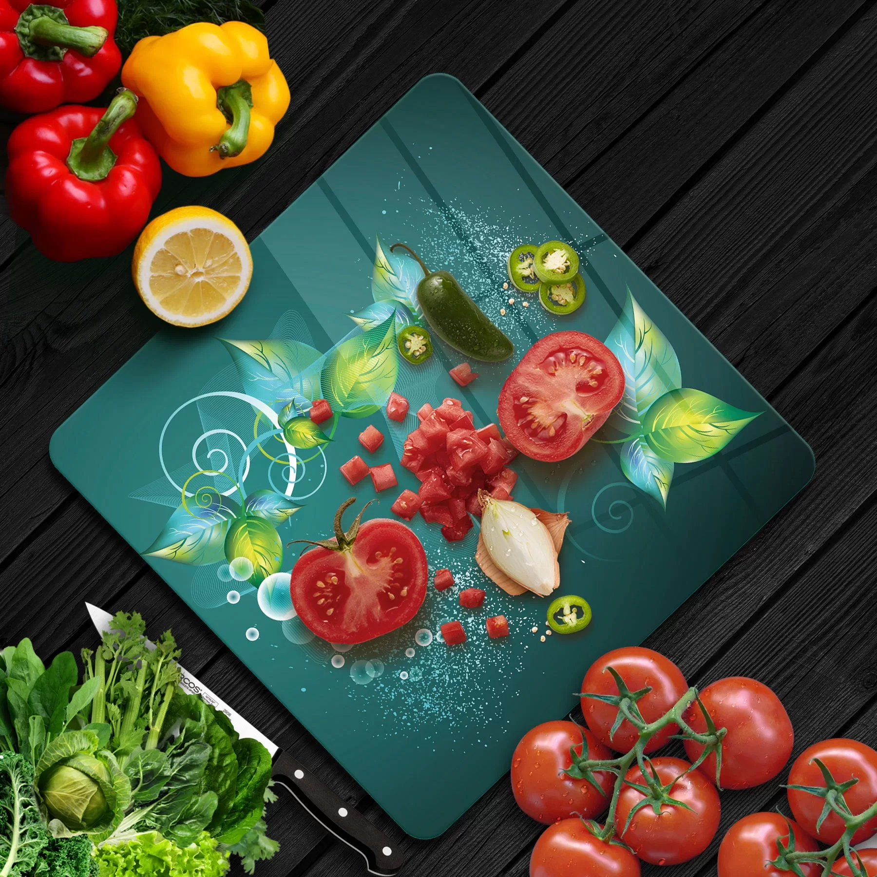 Picture of Decovetro Cam Kesme Tahtası ve Sunumluk Kare Yeşil Yaprak Desenli 30x30 Cm