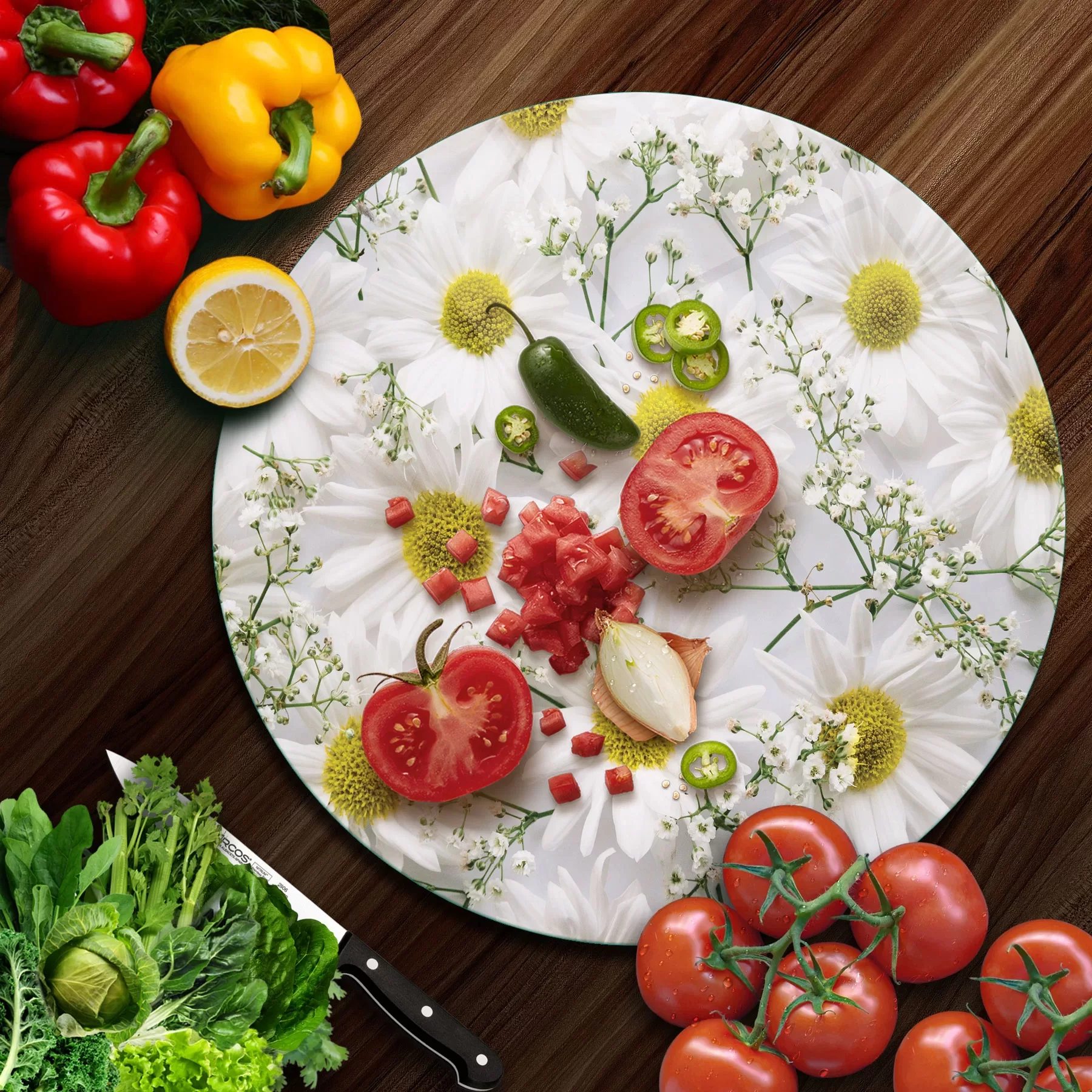 Picture of Decovetro Cam Kesme Tahtası ve Sunumluk Yuvarlak Papatya Desenli 30x30 Cm