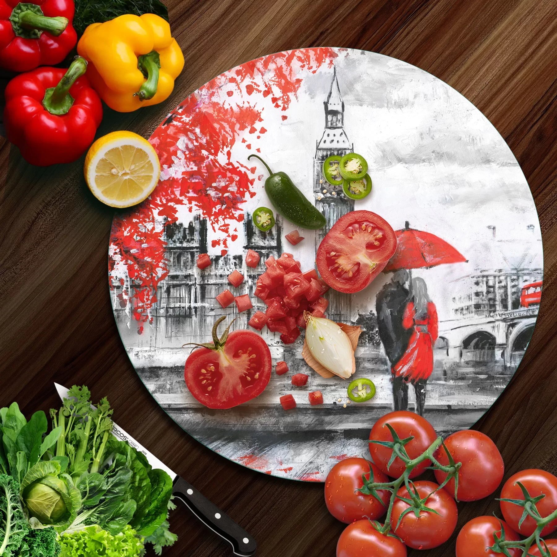 Picture of Decovetro Cam Kesme Tahtası ve Sunumluk Yuvarlak Love London Desenli 30x30 Cm