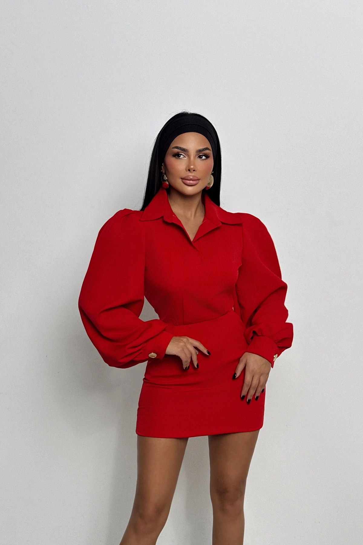 Picture of Red Renata Balloon Sleeve Dress