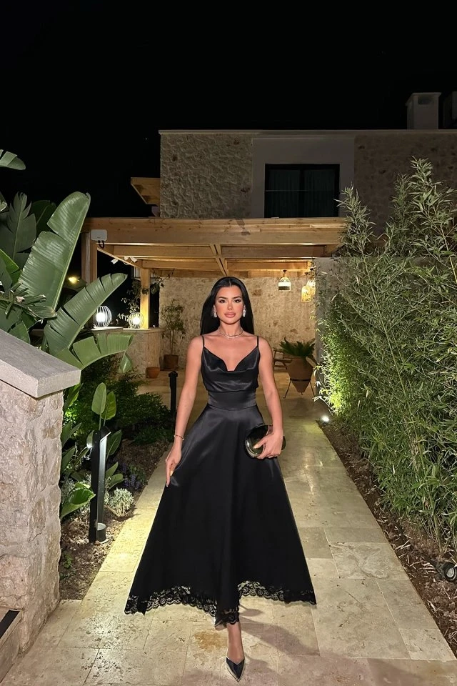 Picture of Black Giules Satin Long Dress with Lace Detail on the Hem