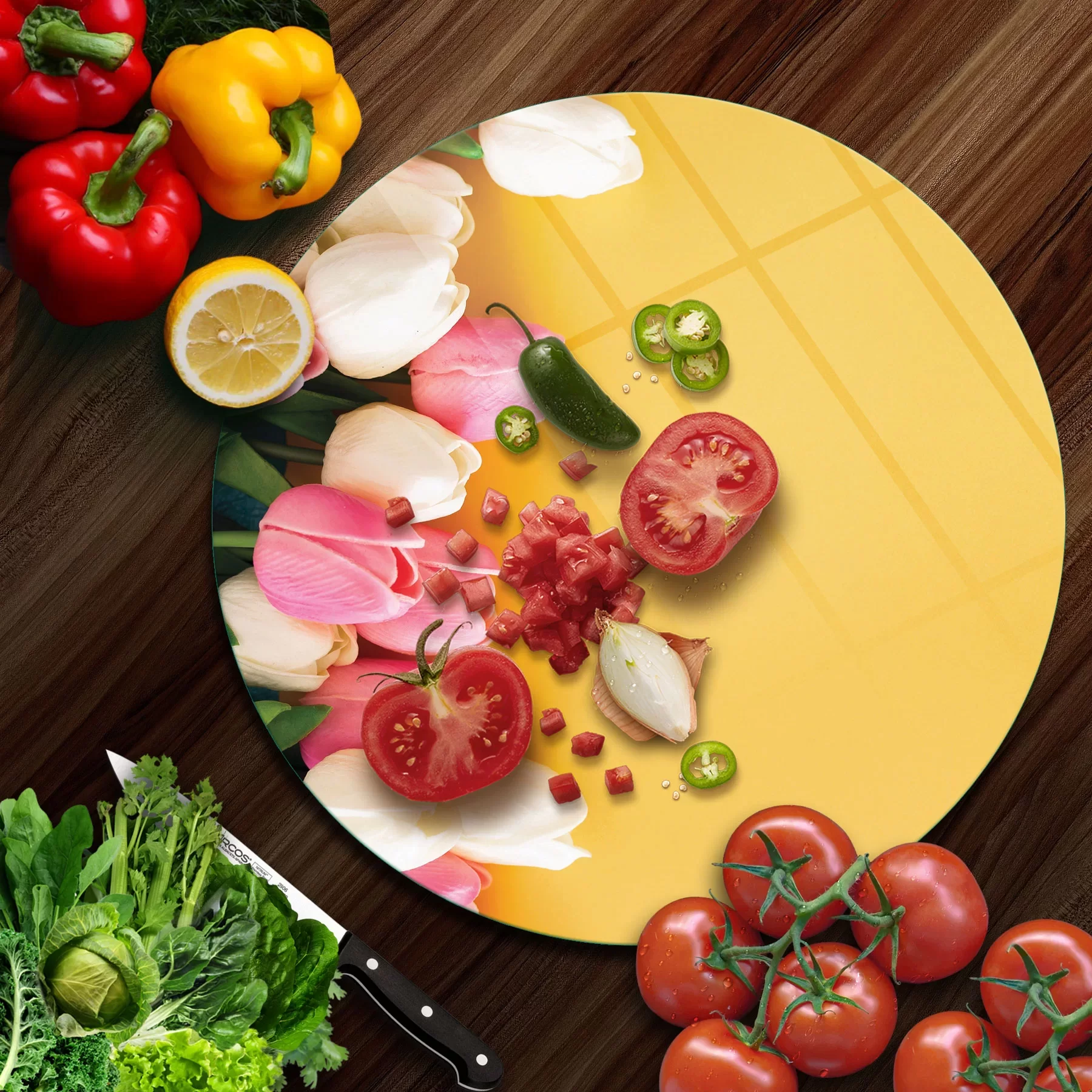 Picture of Decovetro Cam Kesme Tahtası ve Sunumluk Yuvarlak Sarı Lale Desenli 30x30 Cm