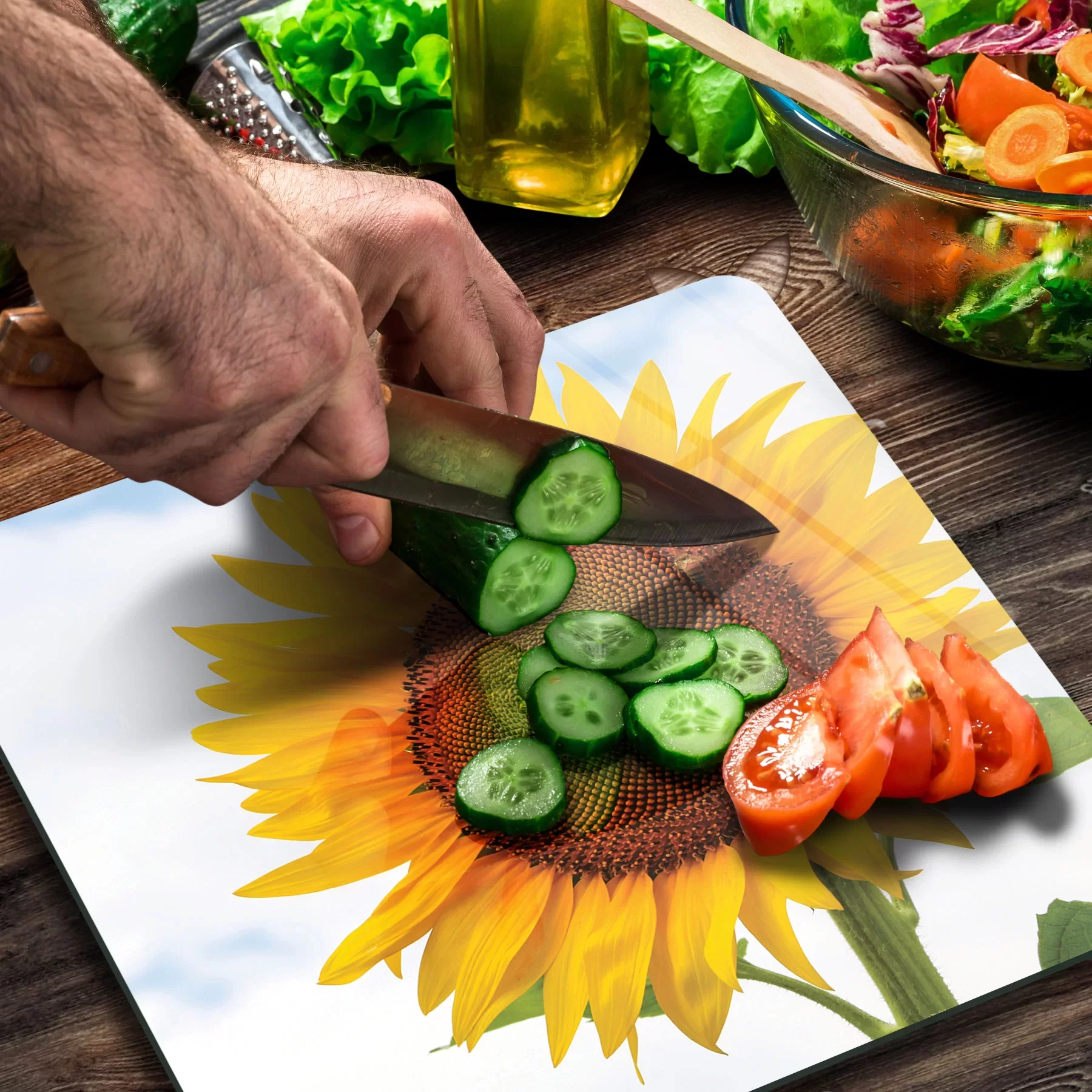 Picture of Decovetro Cam Kesme Tahtası ve Sunumluk Kare Ayçiçeği Desenli 30x30 Cm