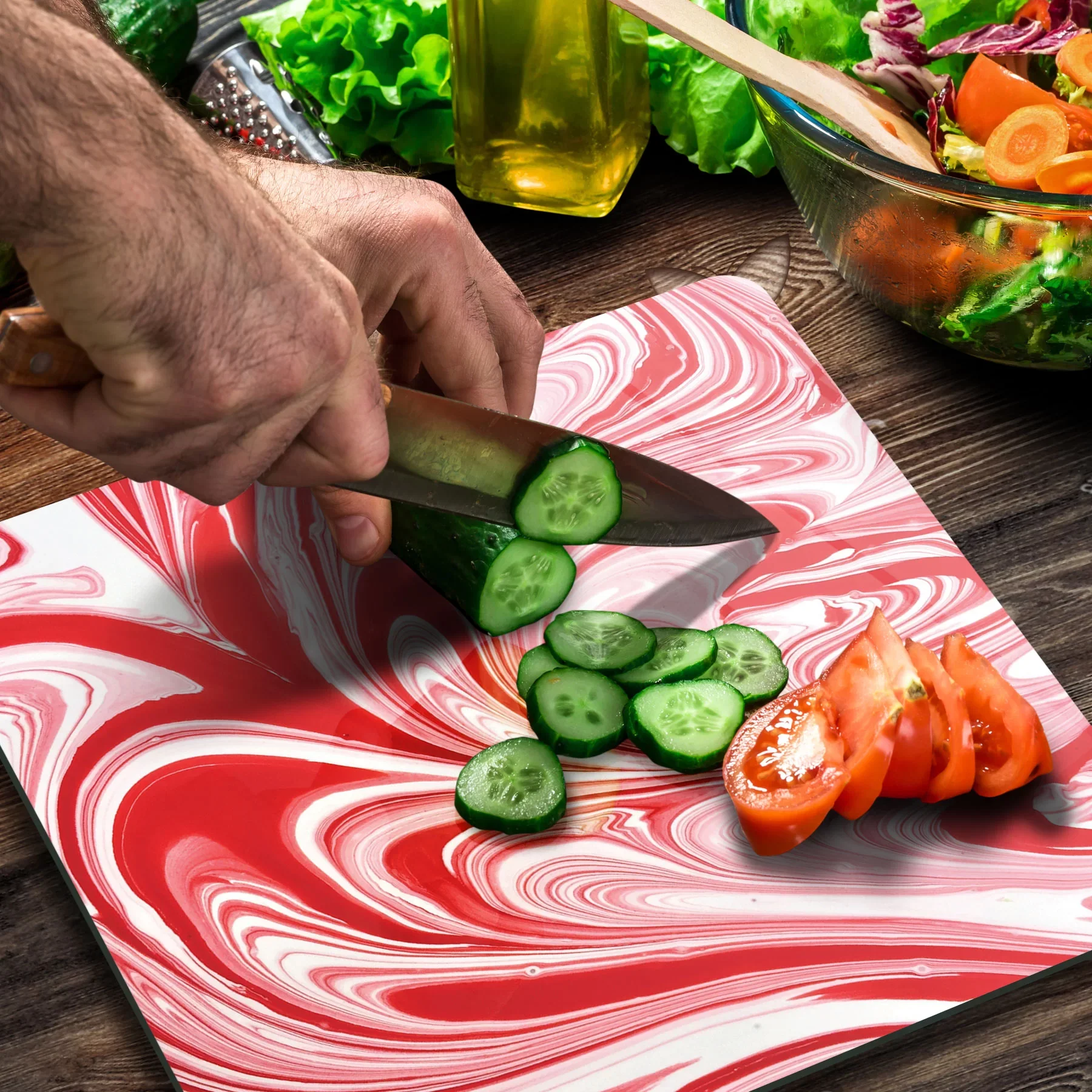 Picture of Decovetro Cam Kesme Tahtası ve Sunumluk Kare Kırmızı Ebru Desenli 30x30 Cm