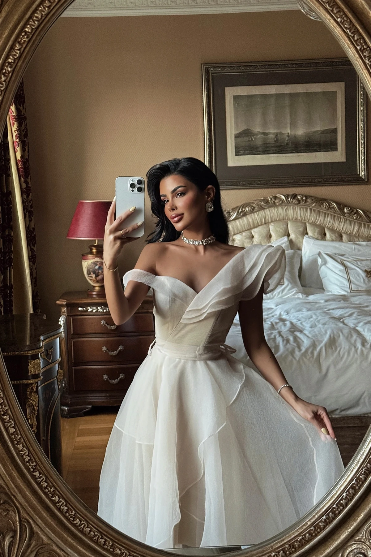 Picture of White Tulle Detail Long Evening Dress