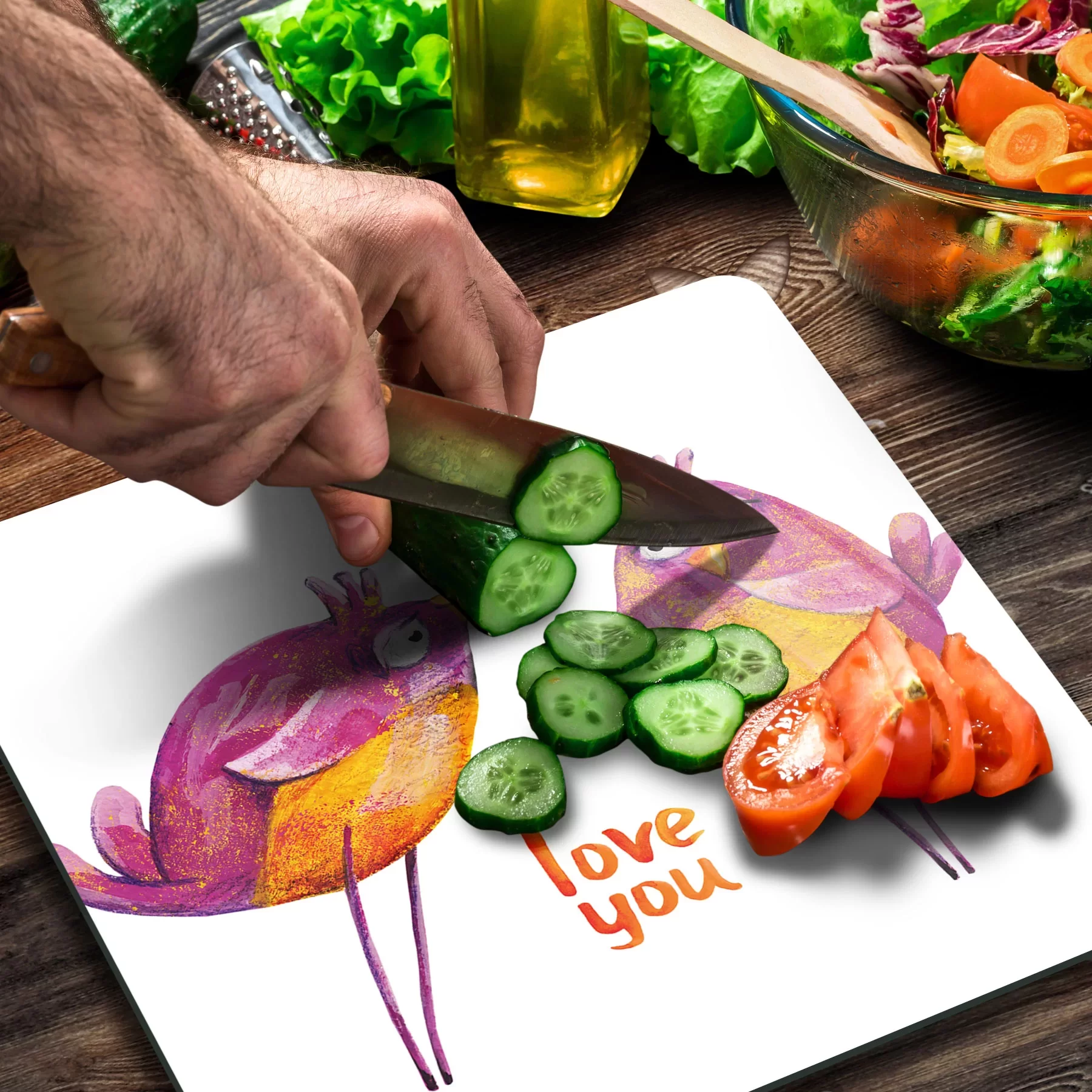 Picture of Decovetro Cam Kesme Tahtası ve Sunumluk Kare Love You Bird Desenli 30x30 Cm