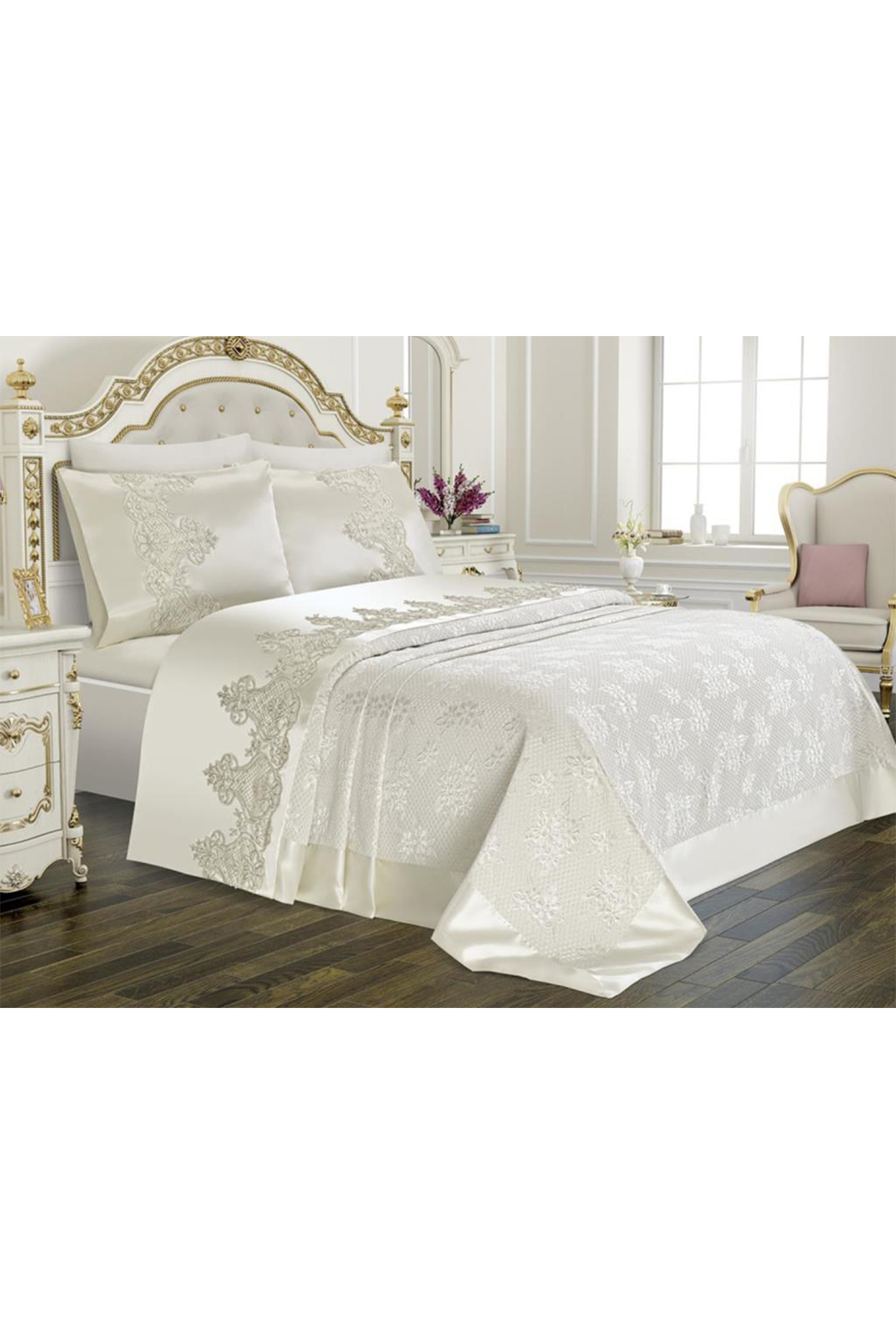 Picture of Çeyizlik Pike Seti Dubai Sade 3 Parça Krem