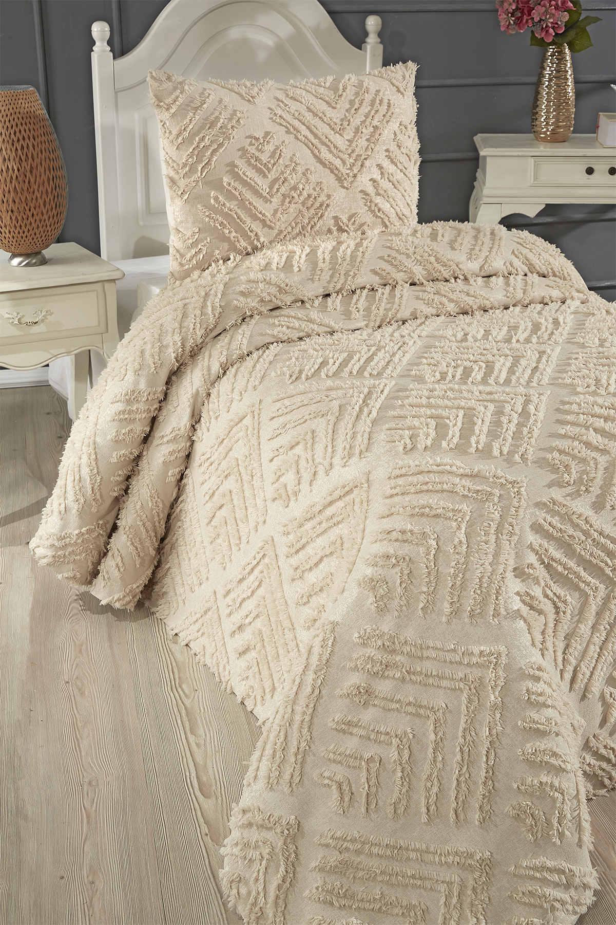 Picture of Çeyiz Diyarı Pine 2 Parça Tek Kişilik Pike Takımı Bej