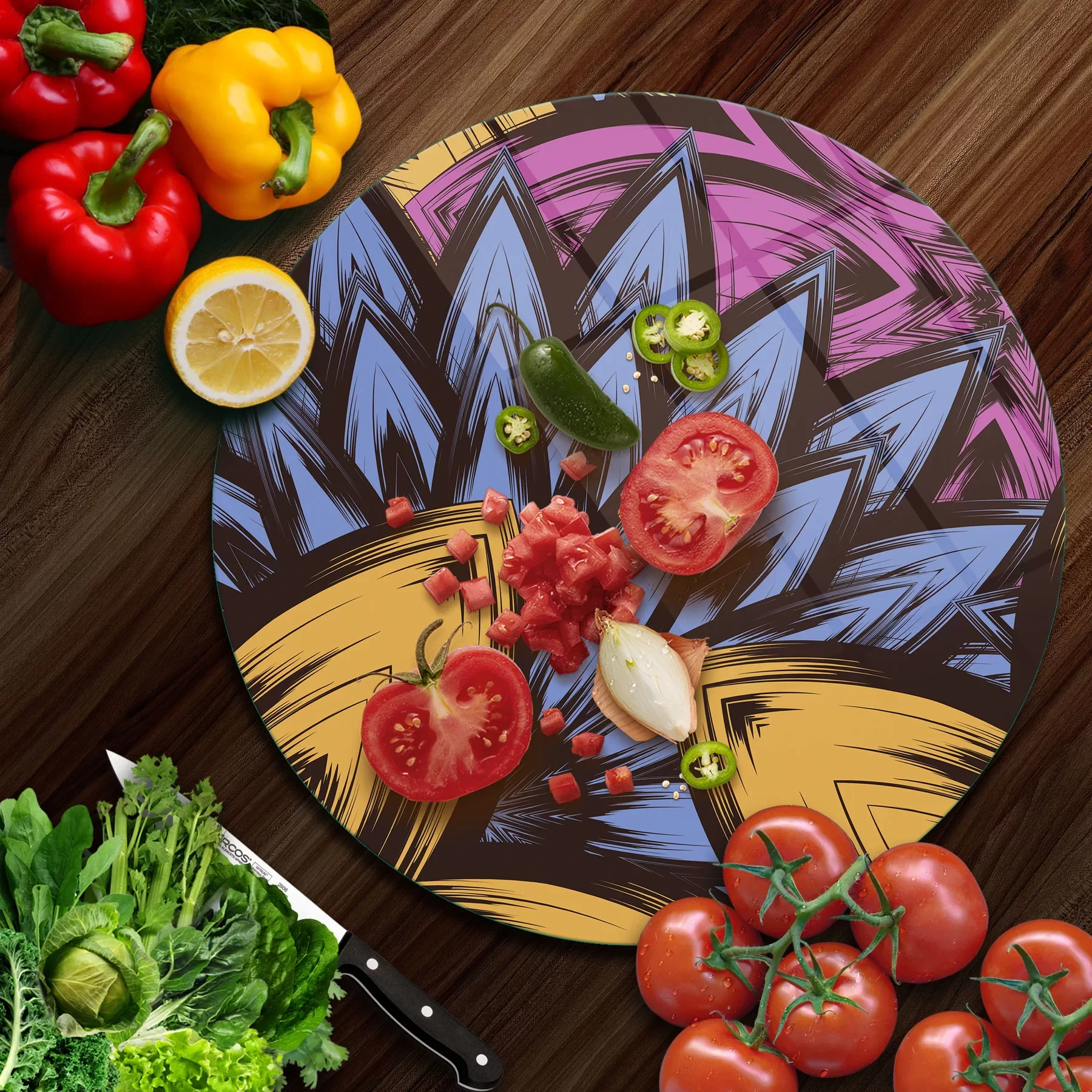 Picture of Decovetro Cam Kesme Tahtası ve Sunumluk Yuvarlak Dekoratif Çiçek Desenli 30x30 Cm