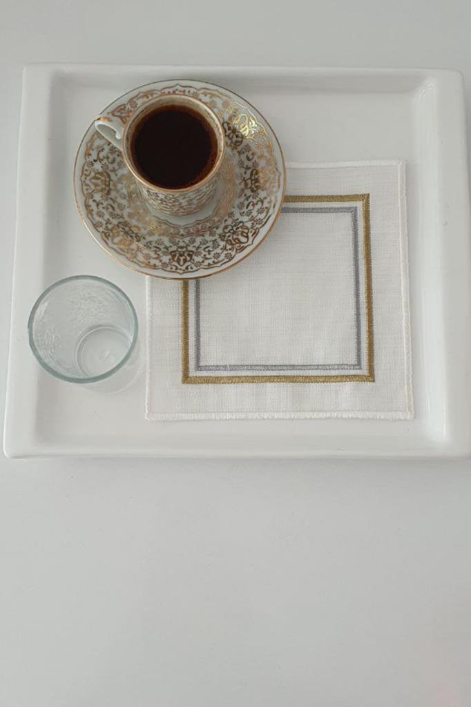 Picture of Çerçeve Nakışlı Keten Kare Bardak Altlığı Seti 6 Lı