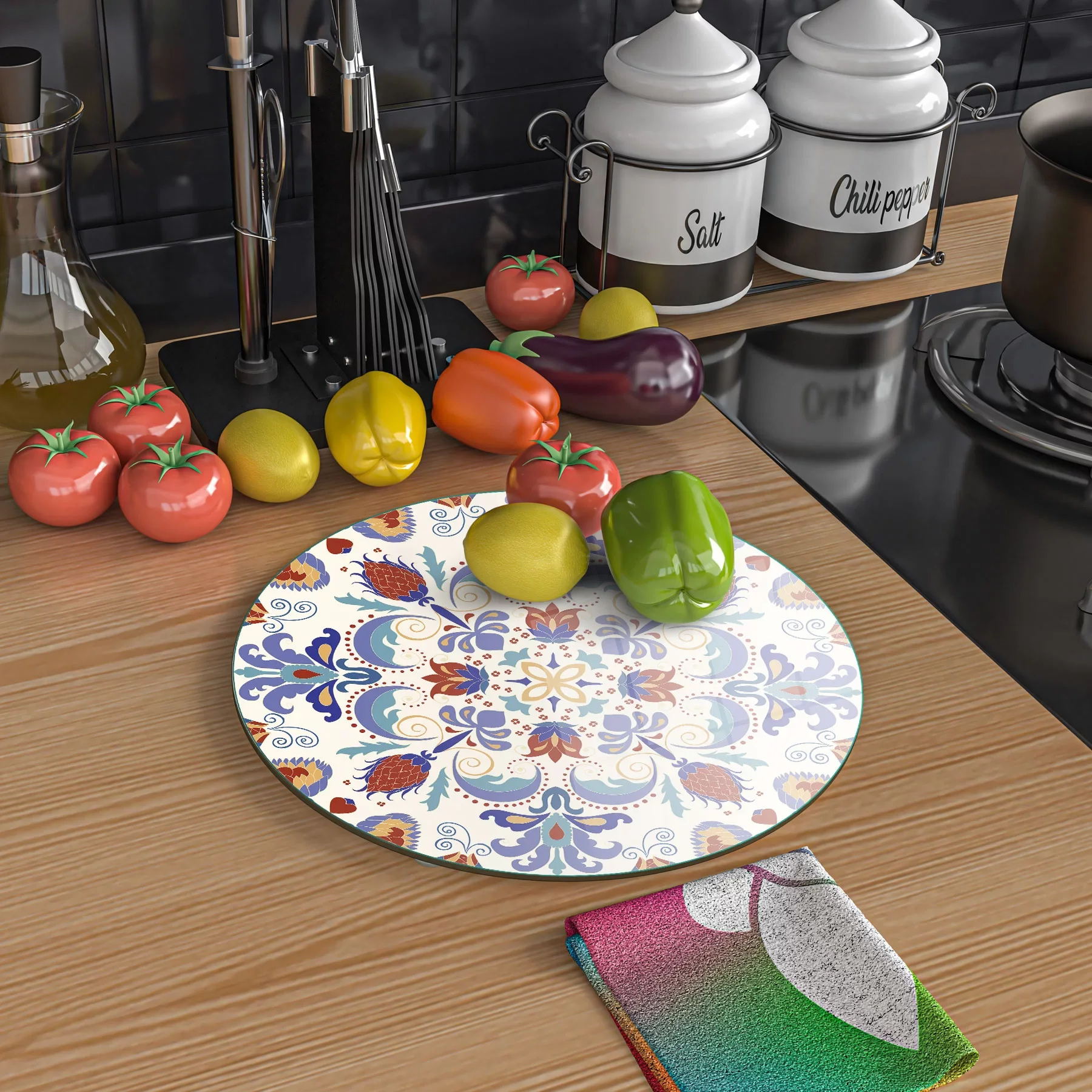 Picture of Decovetro Cam Kesme Tahtası ve Sunumluk Yuvarlak Çini Motifi Desenli 30x30 Cm