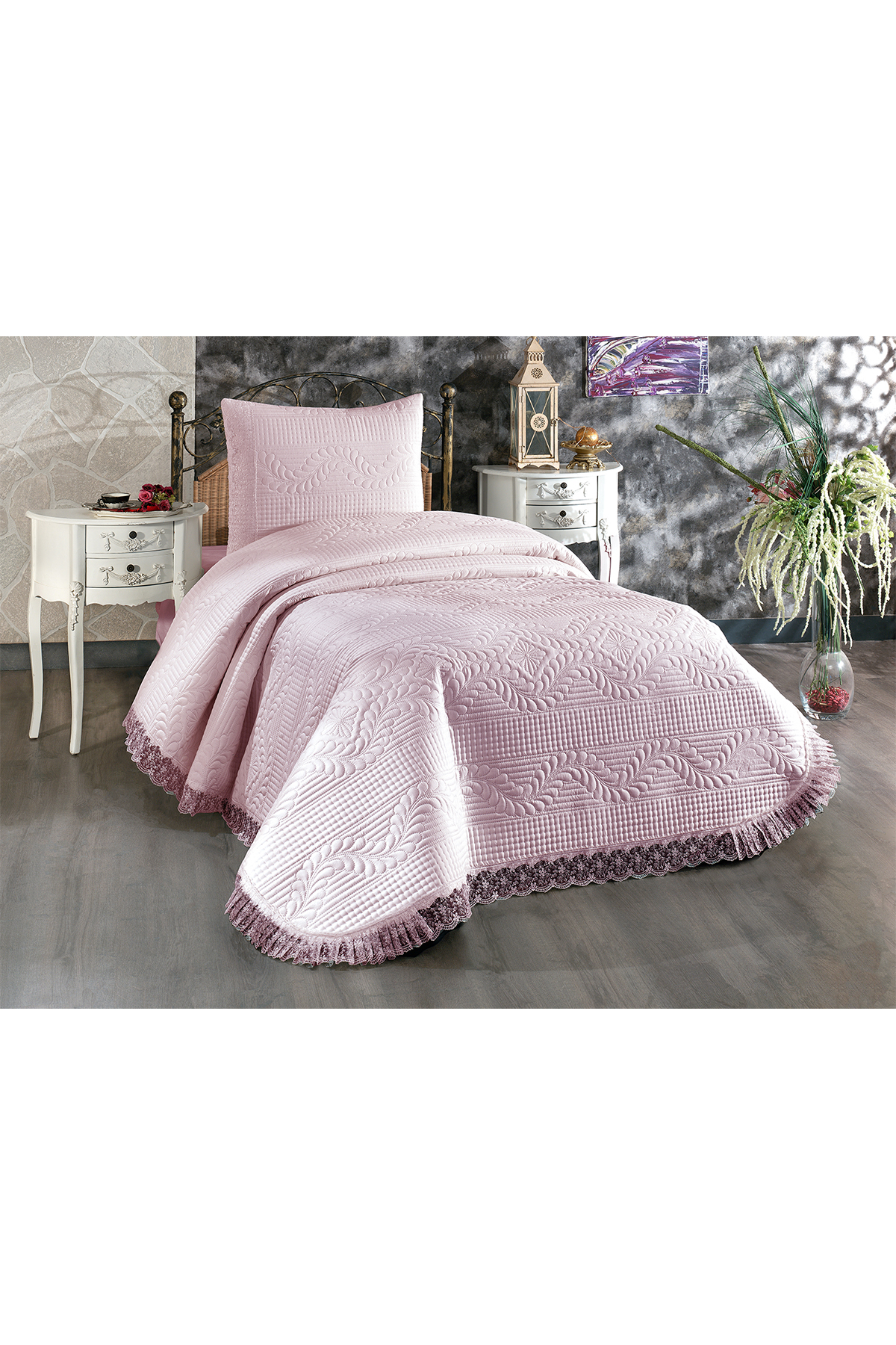 Picture of Limena Dantelli Kapitoneli Tek Kişilik Yatak Örtüsü Pudra