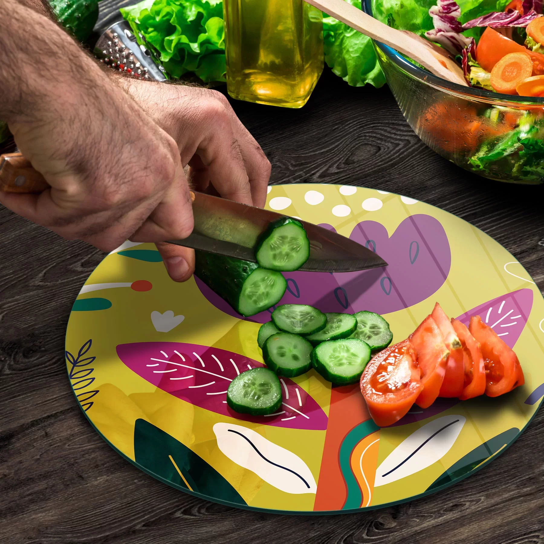 Picture of Decovetro Cam Kesme Tahtası ve Sunumluk Yuvarlak Yeşil Çiçek Desenli 30x30 Cm