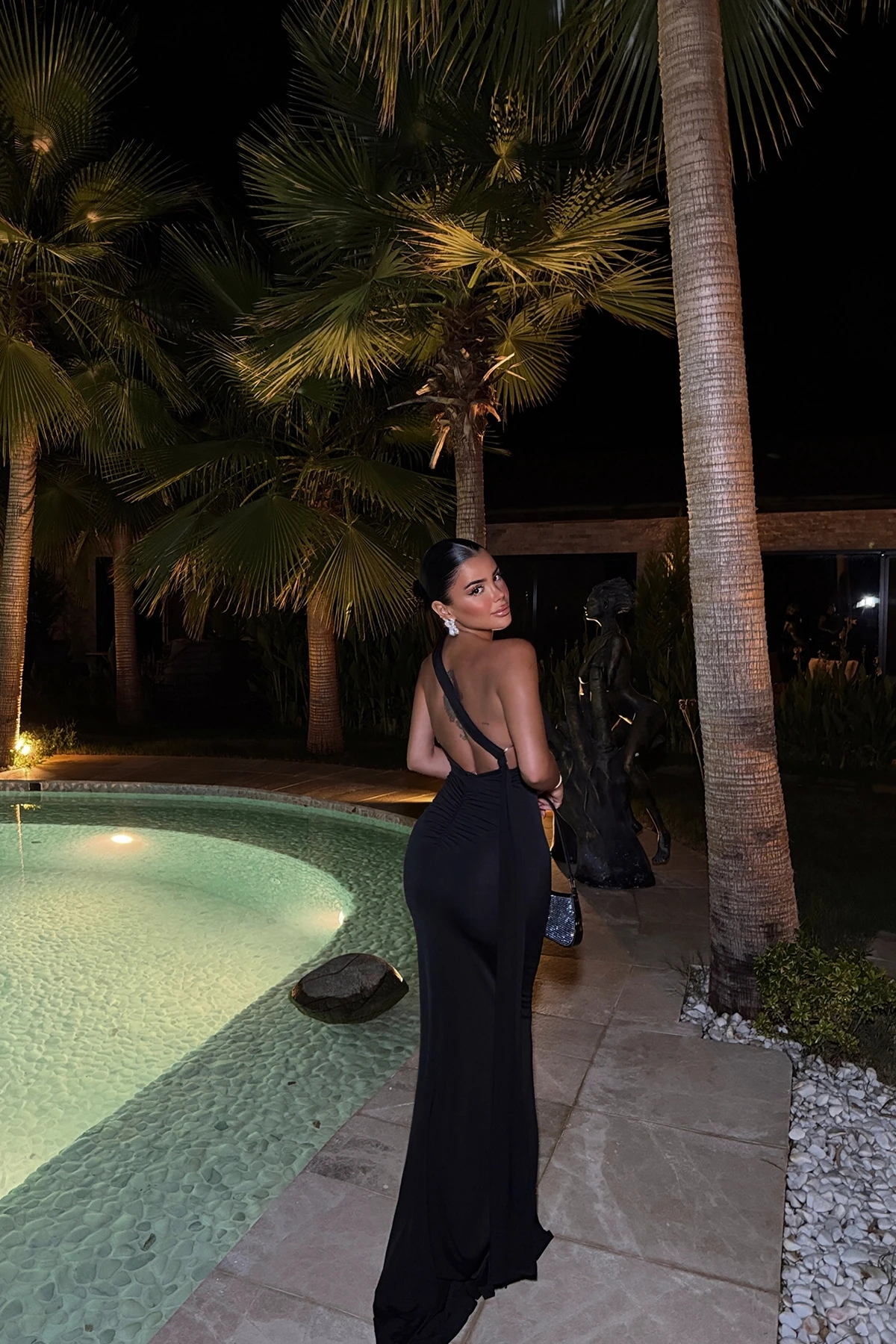 Picture of Black Back Tie Ring Detail Long Dress