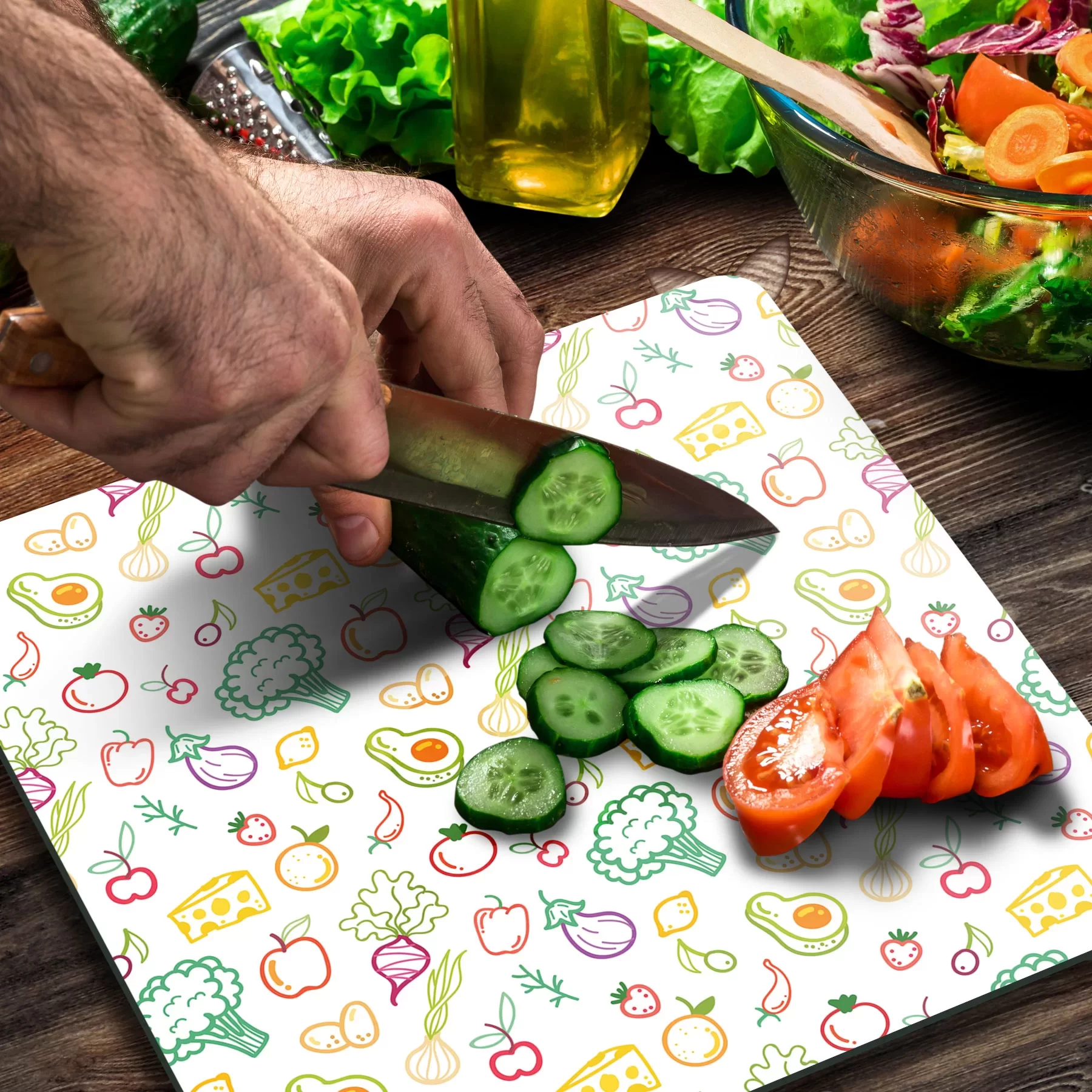 Picture of Decovetro Cam Kesme Tahtası ve Sunumluk Kare Karışık Meyve Sebze Desenli 30x30 Cm