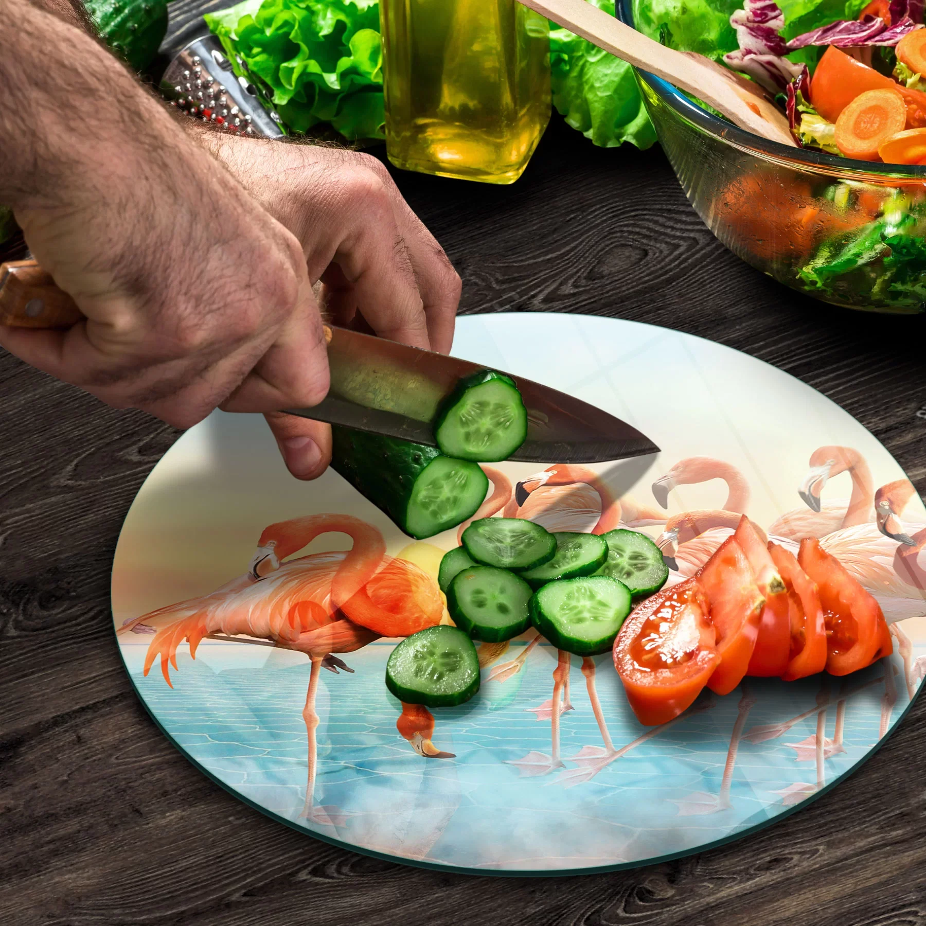 Picture of Decovetro Cam Kesme Tahtası ve Sunumluk Yuvarlak Flamingo Desenli 30x30 Cm